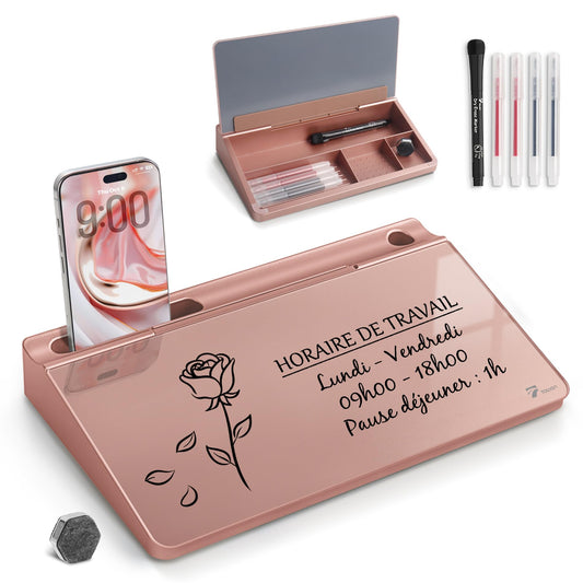 TOWON Small Compact Glass Desktop Whiteboard with Storage – 12 x 7 in Dry Erase Board for Desk, Home Office, School | Includes 5 Markers, Eraser & Holder | Space-Saving Organizer, Aesthetic Rose Gold