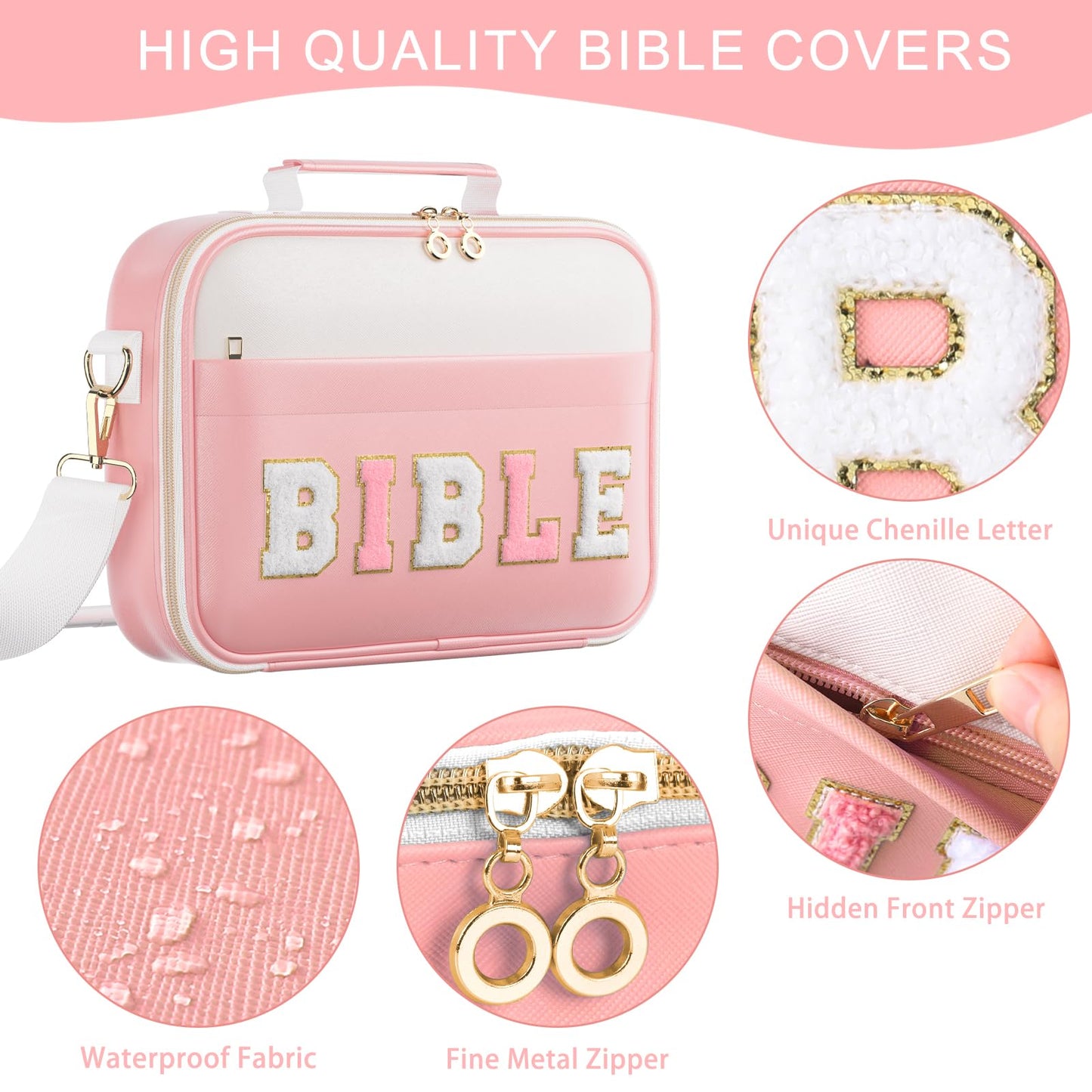 WOBAGMEN Bible Cover Case for Women,Large Leather Bible Book Covers with Bible Study Supplies, Bible Study Accessories Bible Journaling Kit,Pink Church Bag Christian Gifts for Women