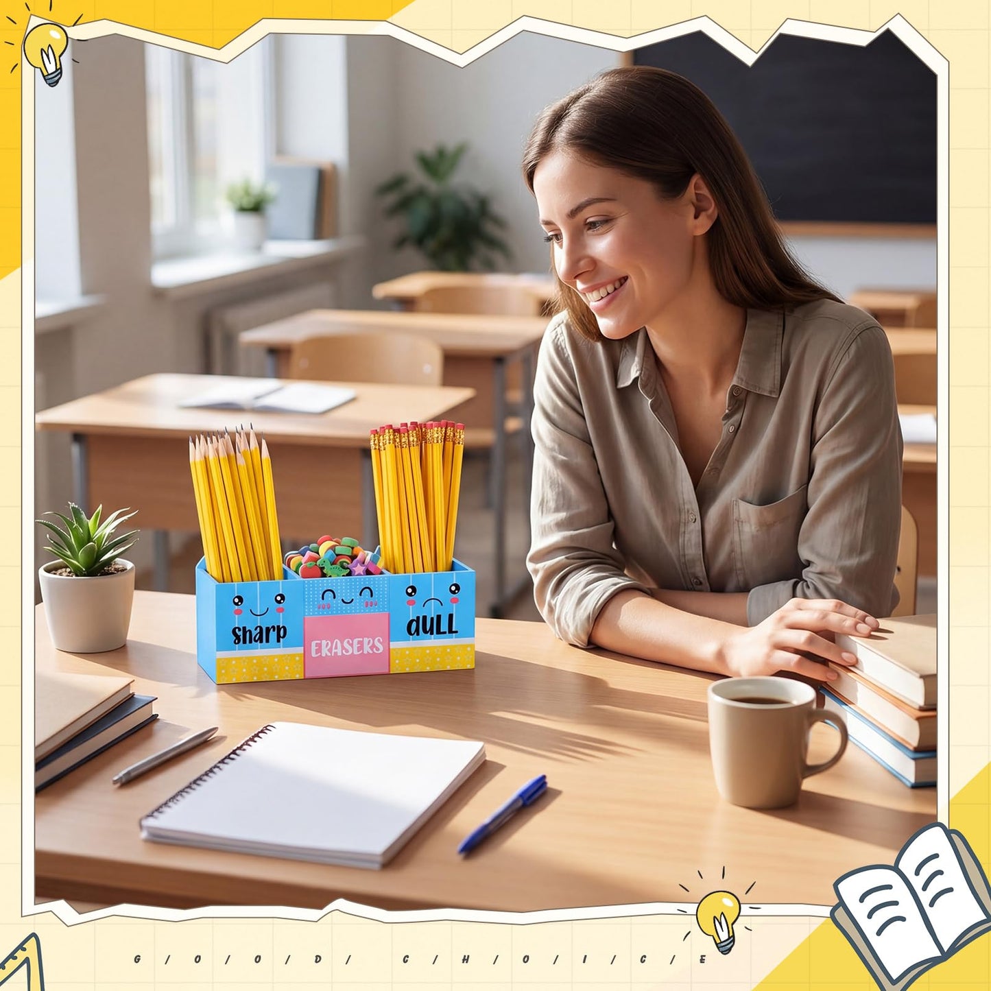 Eaasty Pencil Shaped and Sharp Dull Holder Eraser Wooden Dispenser Pencil Storage 3 Compartments for Back to School Teachers Classroom Organization(1 Pack,Blue Face)