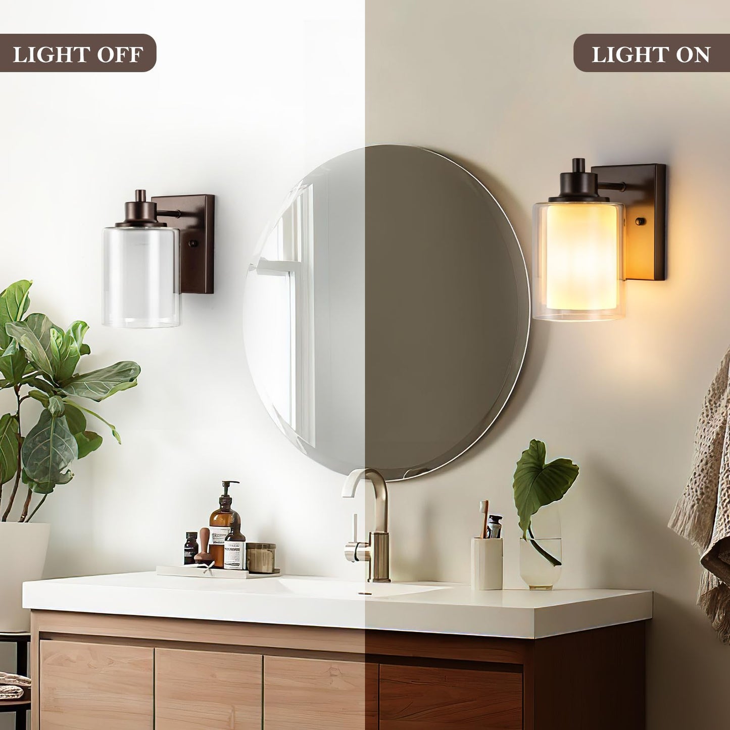 Eietonte 1-Light Bath Vanity Light Fixtures, Oil Rubbed Bronze, Dual Glass Shade, 2 Count, Model EIEWL001-ORB2P