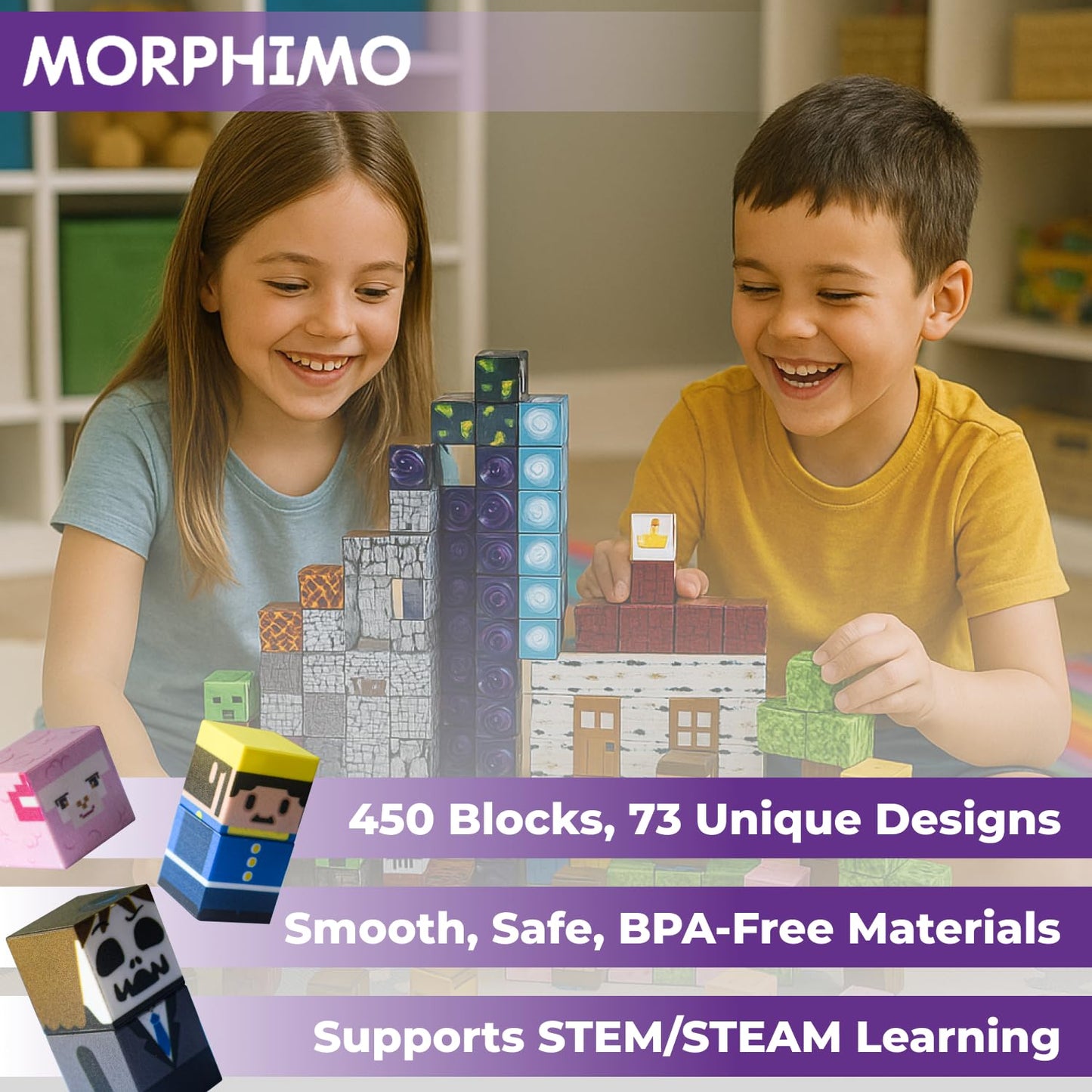 MORPHIMO 450 PCS Magnetic Building Blocks Set - Big STEM & Sensory Toy for Kids - Stacking Magnets - Instruction Book & Fabric Storage Bag - Shared Play Toy for Siblings & Friends