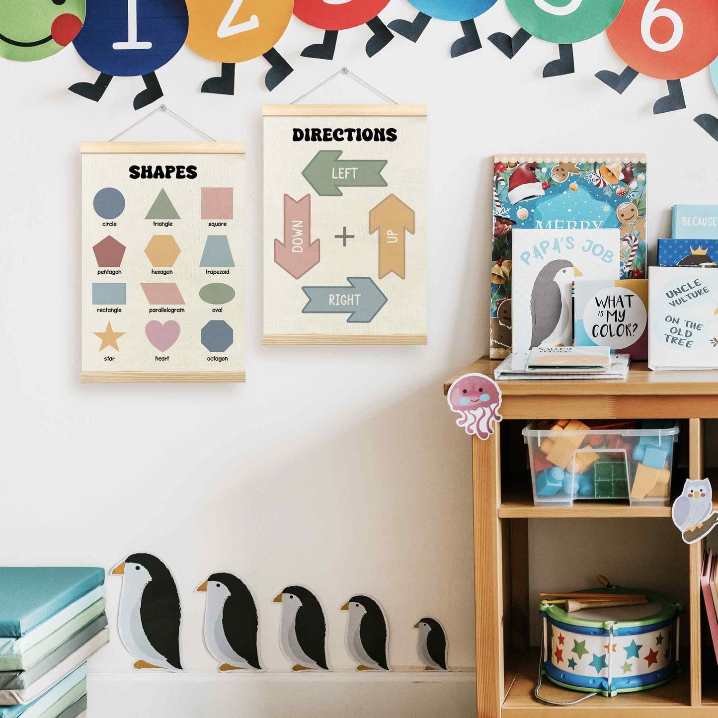TLESKE Shapes Directions Chart Poster Hanger Frame for Toddler Kid Classroom Set of 2, Homeschool Hanging Wall Art Decor for Nursery Playroom, Preschool Prek Learning Educational Poster, 12x16