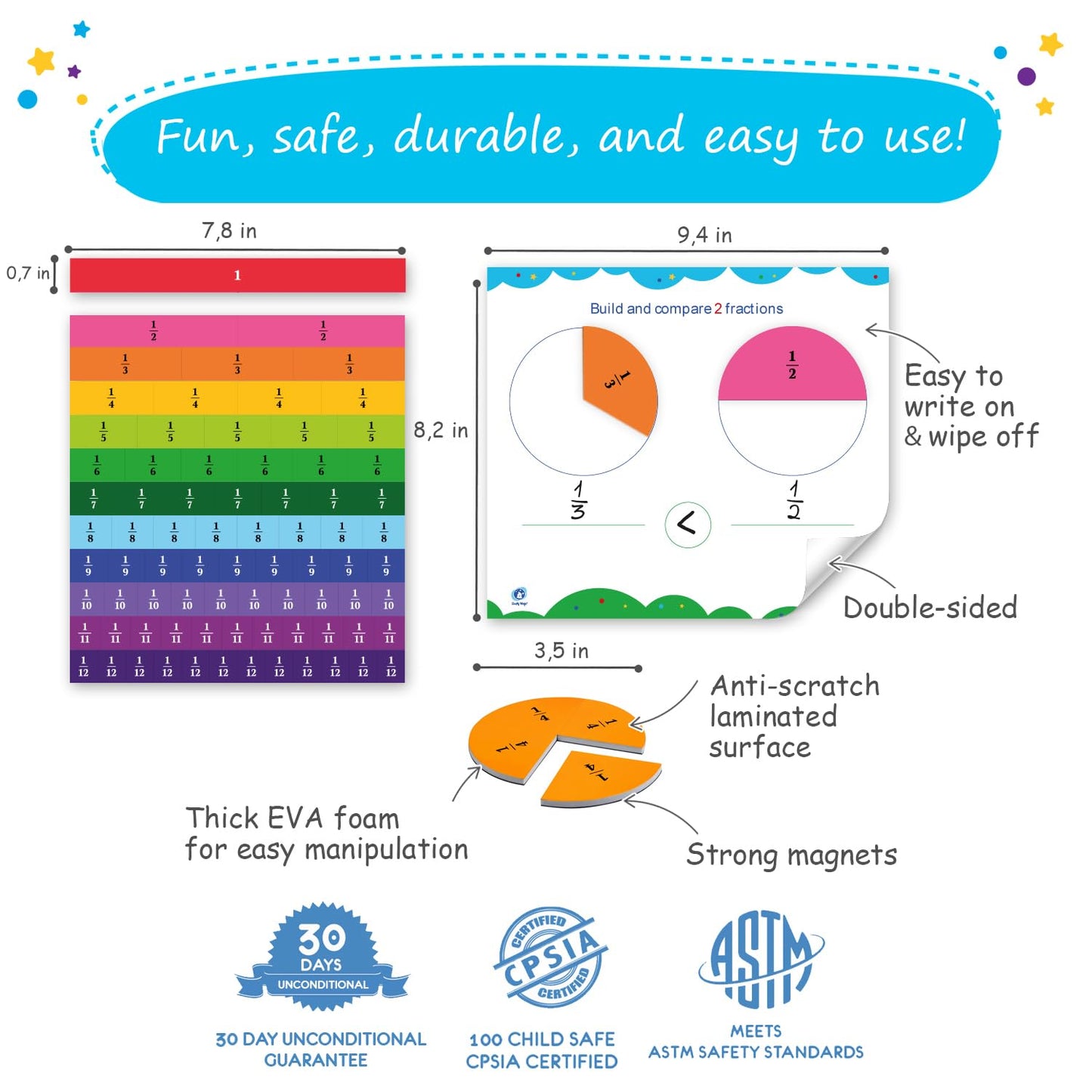 Simply magic 166 PCS Magnetic Fractions Activities Class Set & 140+1 PCS Colorful Base Ten Blocks & Activities Set for Math