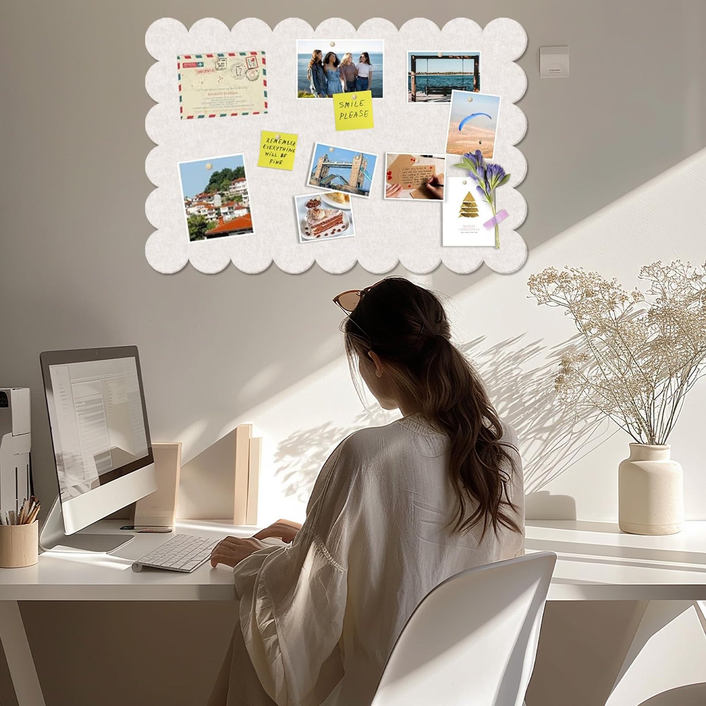 Beige Scalloped Felt Bulletin Board - 36 x 24 Inches Large Felt Board Foldable Cork Board Alternative Photo Board Self-Adhesive Vision Board Decorative Pin Board for Wall