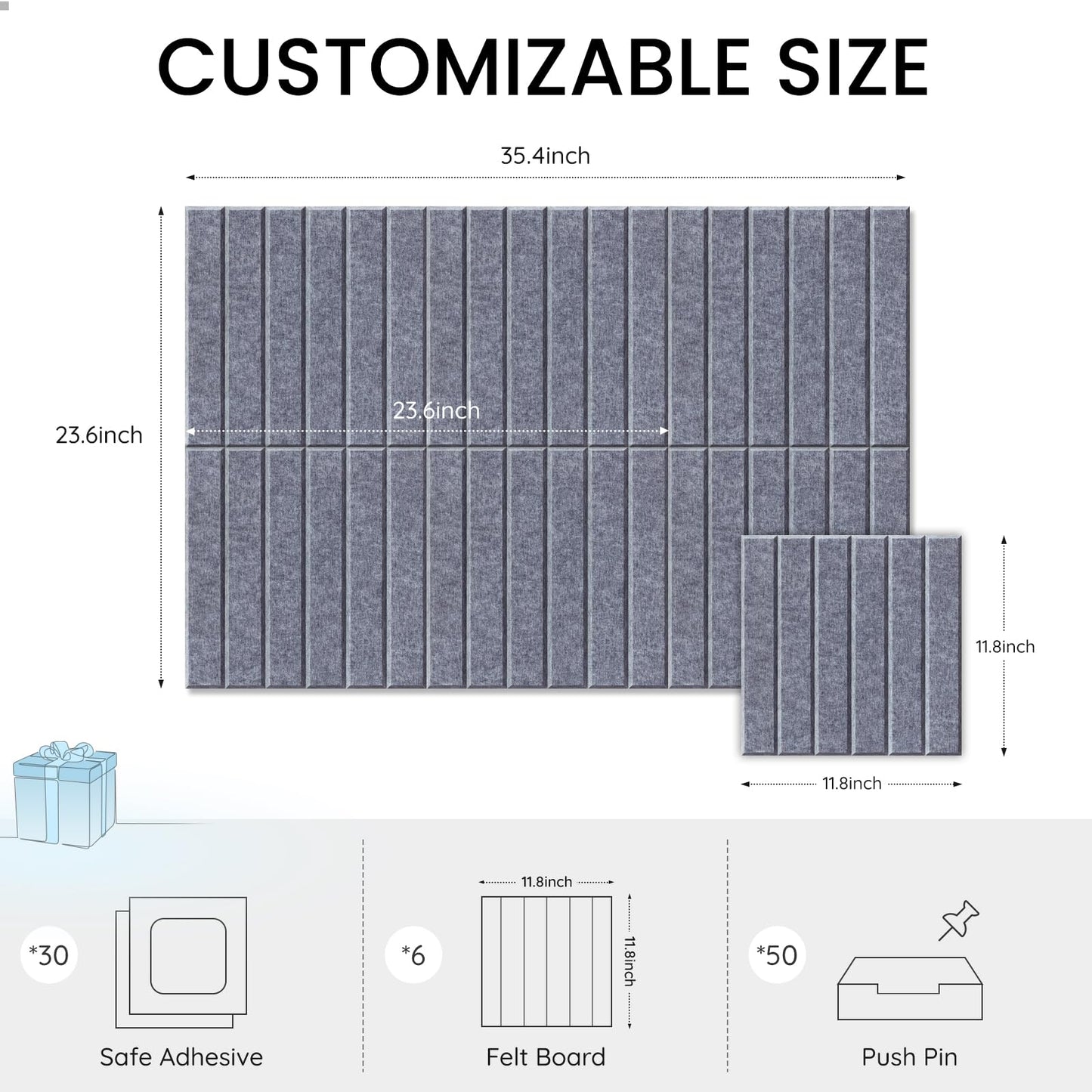 Large Cork Bulletin Board for Wall 36"x24", 6 Pack Felt Slat Wall Panel Tiles with 30 Pushpins, 25 Safe Removable Adhesive Tabs, Decorative Pin Board Tack Board for Office Home School