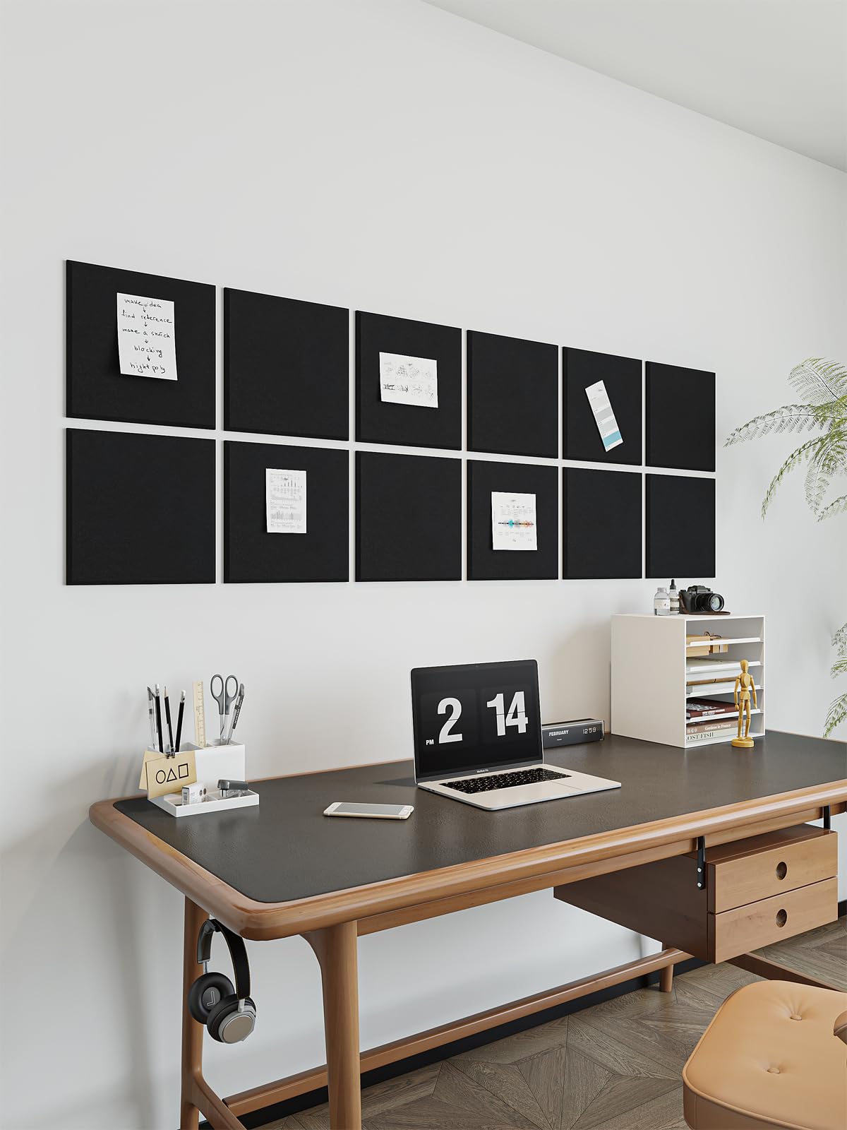 Lightomorrow 0.47" Thick Felt Pin Board Tiles, 12 Pack 11.8 x 11.8 in Bulletin Board 48" x 36", Cork Board Alternative with Adhesive & 30 Push Pins for Home Office Classroom, Black