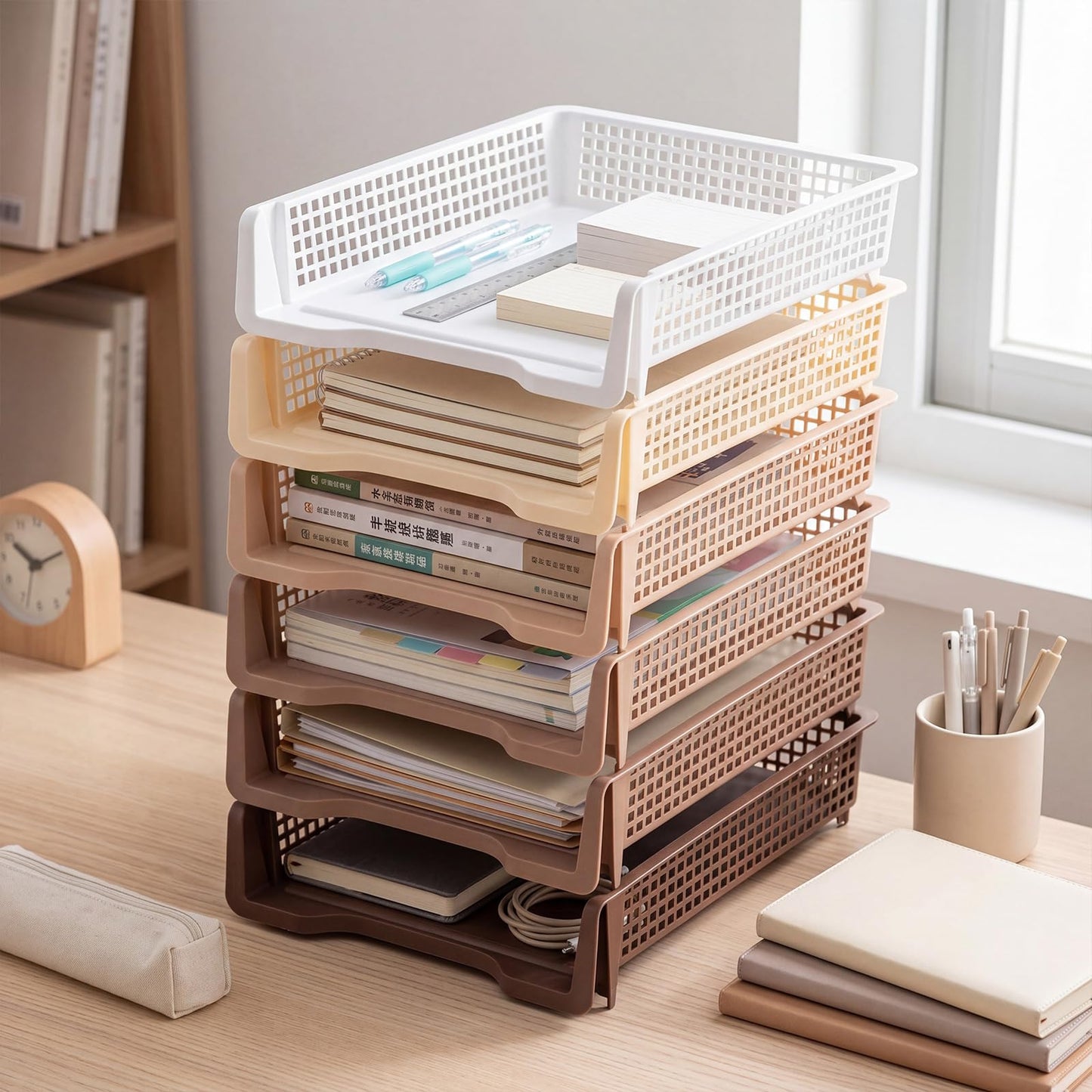 Geetery Set of 12 Plastic Trays for Teachers Turn in Trays Classroom Stackable Paper Tray Plastic Classroom Teachers Desk Letter Organizer Storage Baskets for Office, Desk, Home (Gradient Brown)