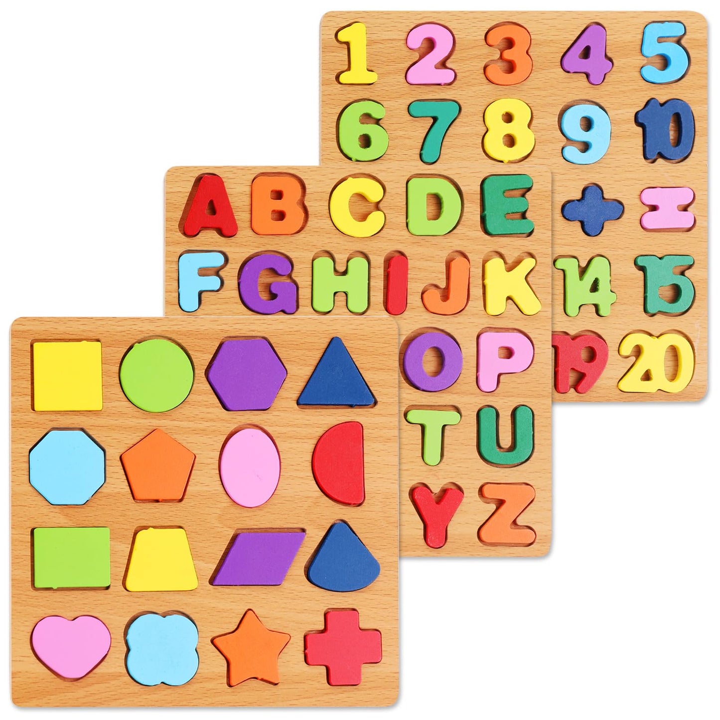 Alphabet Wooden Puzzles for Toddlers 3-5, Pack of 3 ABC, Number and Shape Puzzle, Preschool Educational Learning Toys with Puzzle Board & Letter Blocks for Girls Boys Ages 3 4 5 Years Old