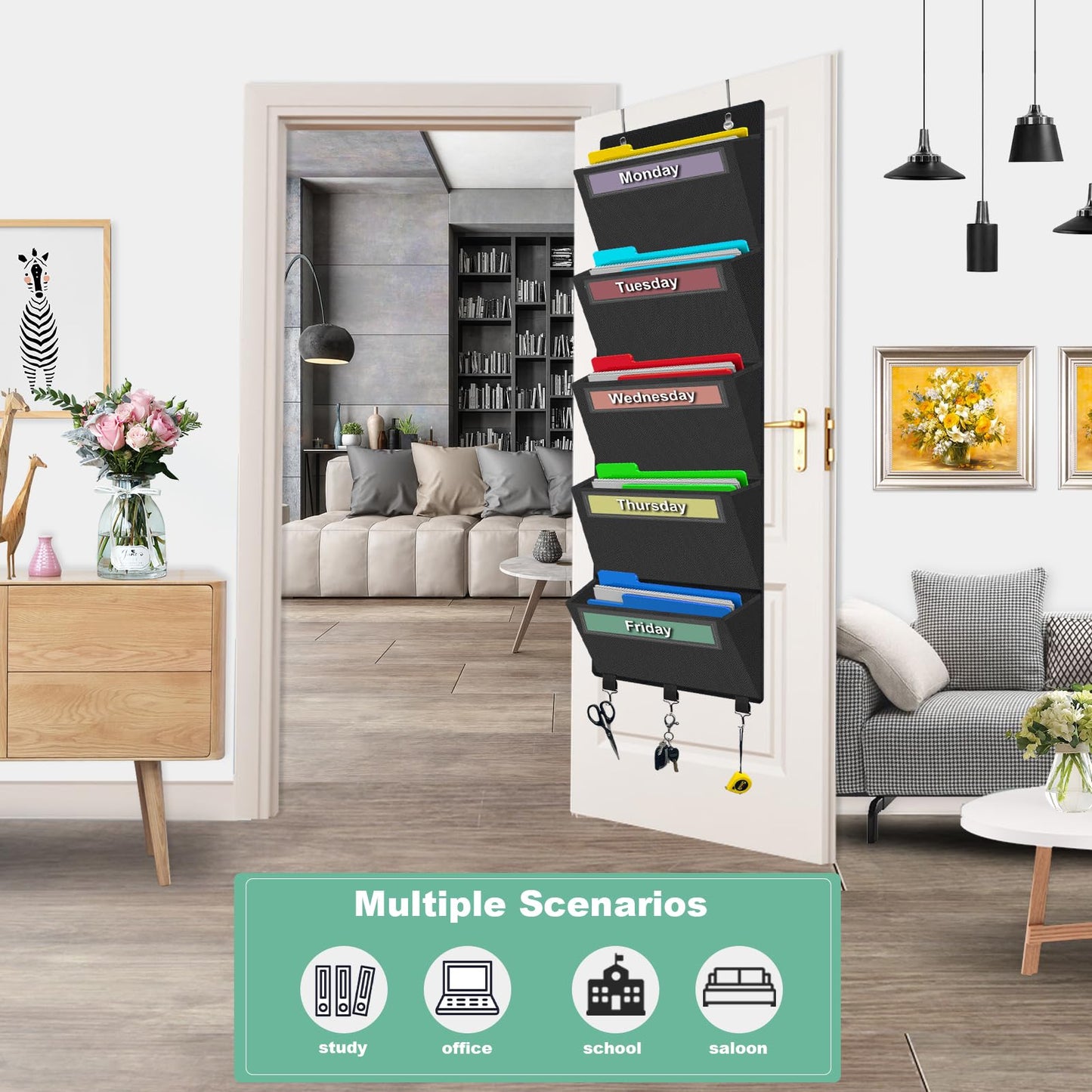 Weekly Over the Door File Organizer, Hanging File Folders Wall Organizer with 5 Large Pockets for Papers, Charts, Mails, Magazine, Office and Back To School Supplies Storage and Organization (Black)