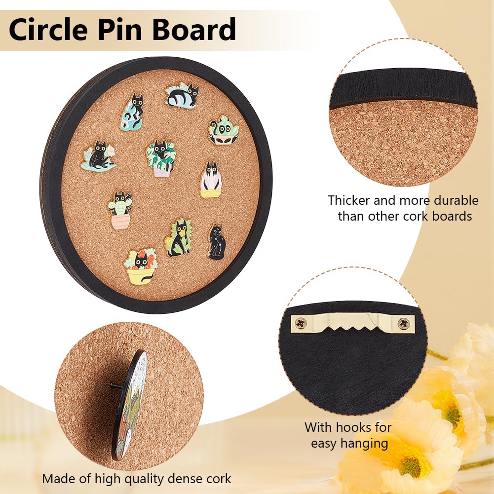 BENECREAT Flat Round Pin Board Cork Board, 7.87inch Bulletin Board Wall Mounted Display Board with Black Frame for Brooch Pin Storage Display, Office Home School Decor