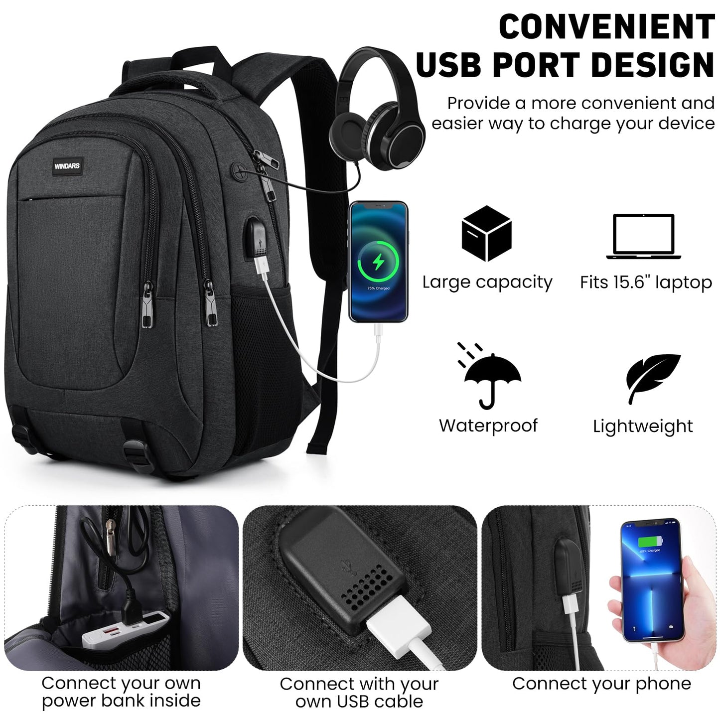 WINDARS Backpack for Men and Women, School Backpacks for Teens Boys, 15.6 Inch Large College Bookbag Durable Computer Laptop Bag with USB Charger Port for Business Work Travel, Black