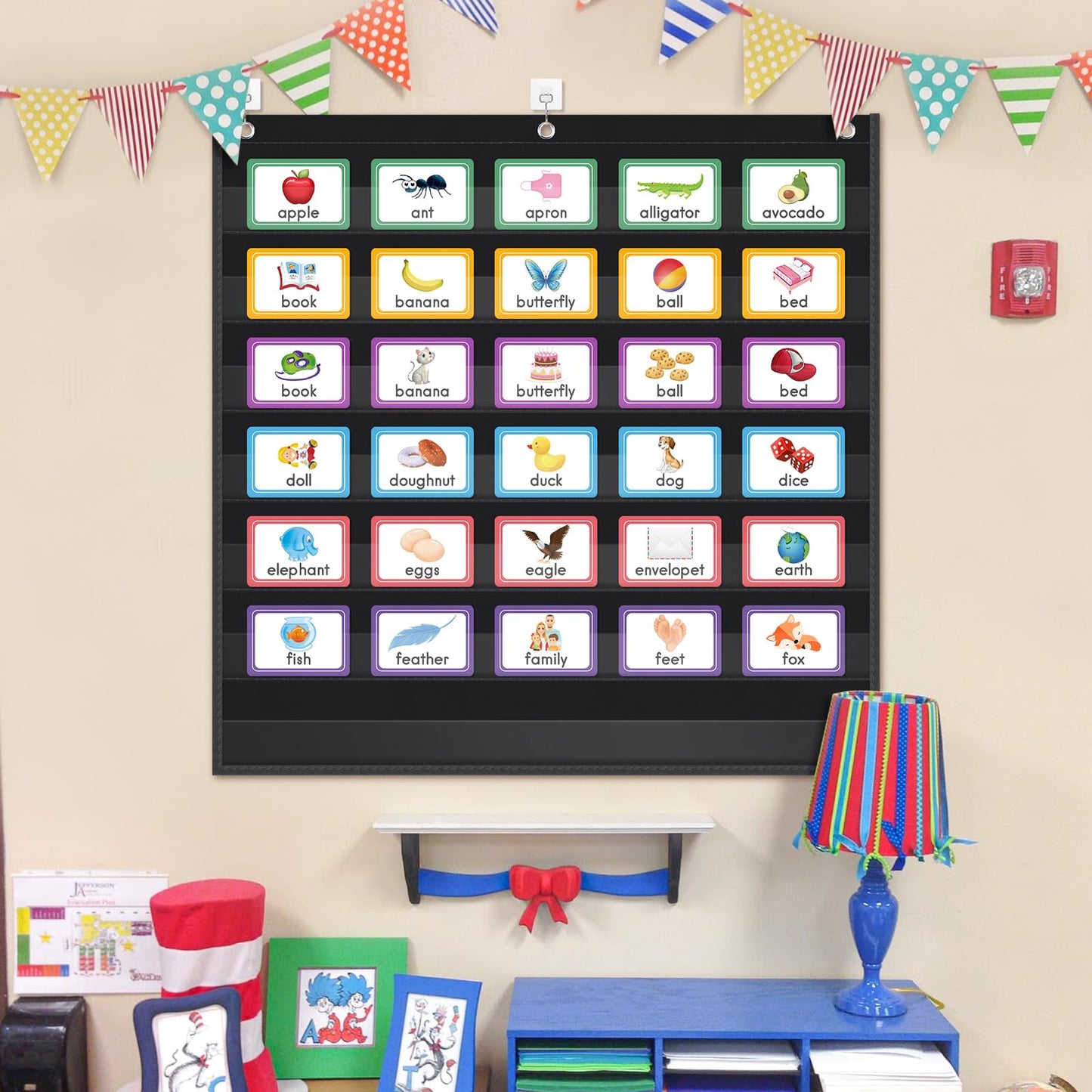 AUVCAS Standard Pocket Chart Clear 7 for Classroom & Home Heavy Duty Hanging Pocket Chart for Word Wall/Letter Cards/Sentence Strips 28Wx28L,Black