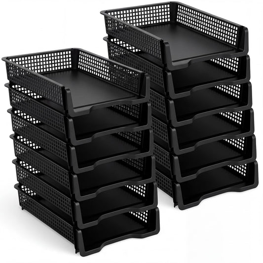 Geetery Set of 12 Plastic Trays for Teachers Turn in Trays Classroom Stackable Paper Tray Plastic Classroom Teachers Desk Letter Organizer Storage Baskets for Office, Desk, Home (Black)
