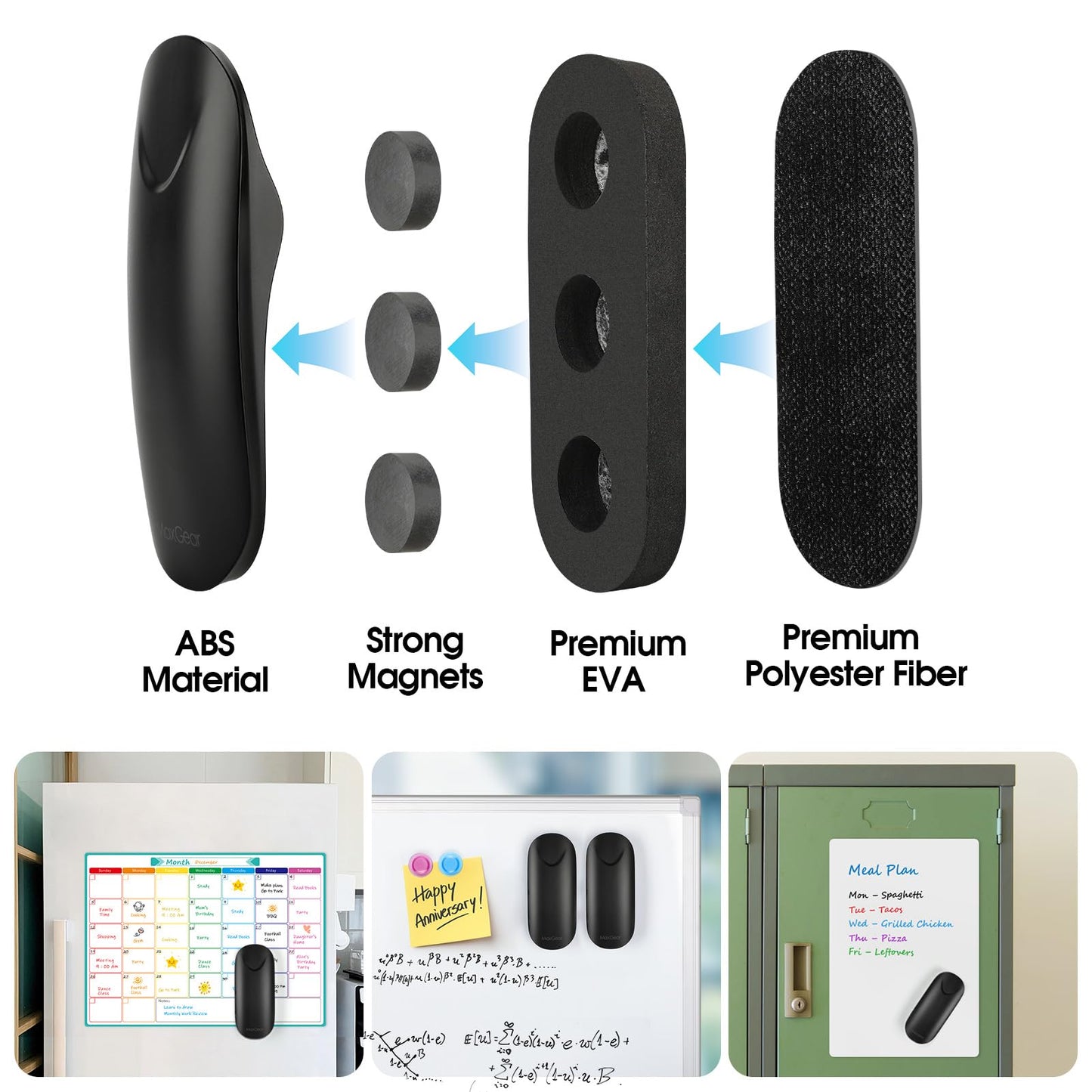 (Bundle of 2 Sets) MaxGear Dry Erase Eraser, Magnetic Whiteboard Eraser for Glass Board, Dry Erase Board, Dry Erase Board, Chalkboard Wiper with Built-in Magnet for School, Office, Home, Black, 2 Pack