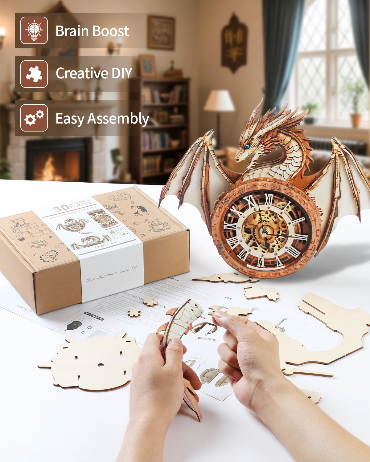 Rnfinewow 3D Puzzles for Adults, 3D Puzzle Dragon Clock Kit (with Pendulum), Wooden Puzzles for Adults Home Wall Decor Dragon Clock Christmas Day Puzzle Gifts for Men Women