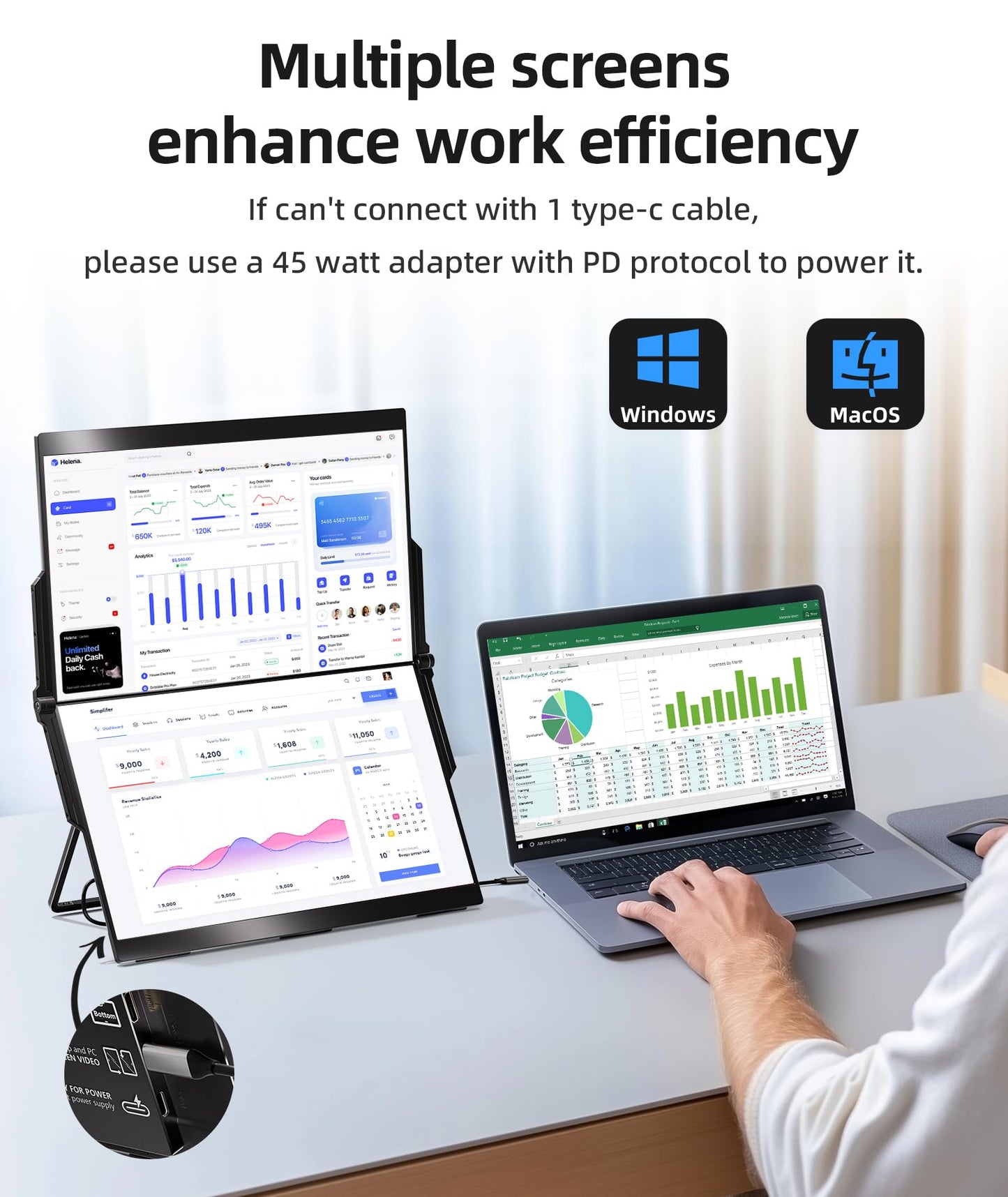Ingnok 15.6" Dual Monitor, FHD 1080P 100% sRGB Laptop Screen Extender for Windows Mac, with 4 Speakers, 2 HDMI USB C Ports, for Office Gaming Triple Monitor