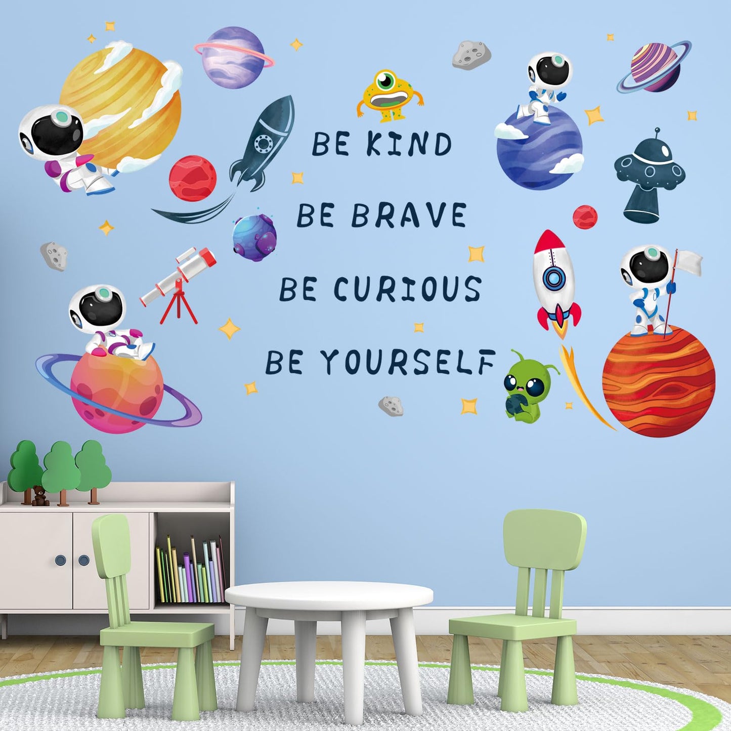 Amimagen Outer Space Astronaut Wall Stickers - Be Kind Be Brave Inspirational Quotes Planets Rocket Boys Wall Decals - Baby Nursery Kids Room Daycare Wall Decor