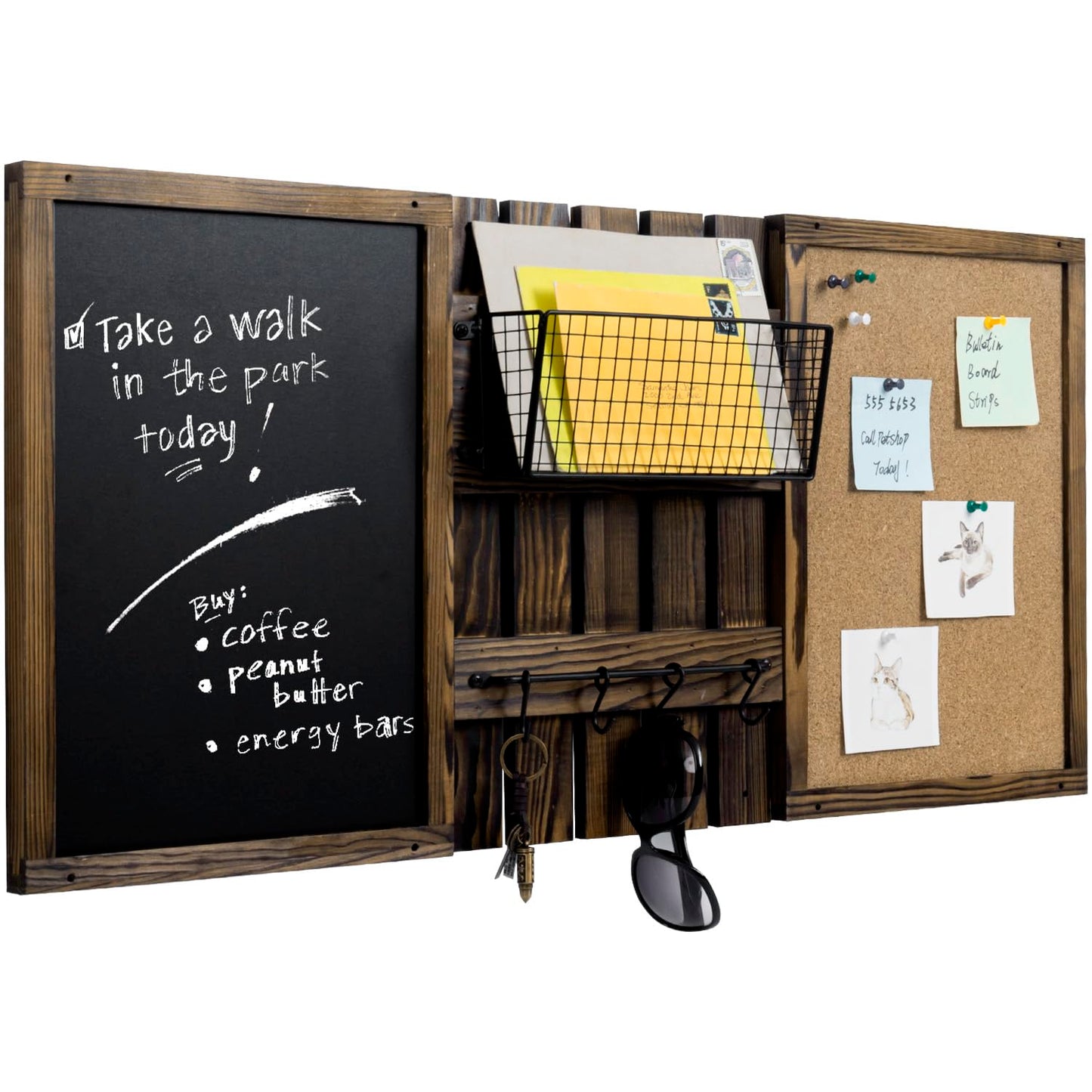 MyGift 3 Panel Wall Mounted Entryway Bulletin Board Combo Set with Rustic Burnt Solid Wood Frame with a Chalkboard, Cork Board, Black Metal Mail Basket, and Hanging Rail
