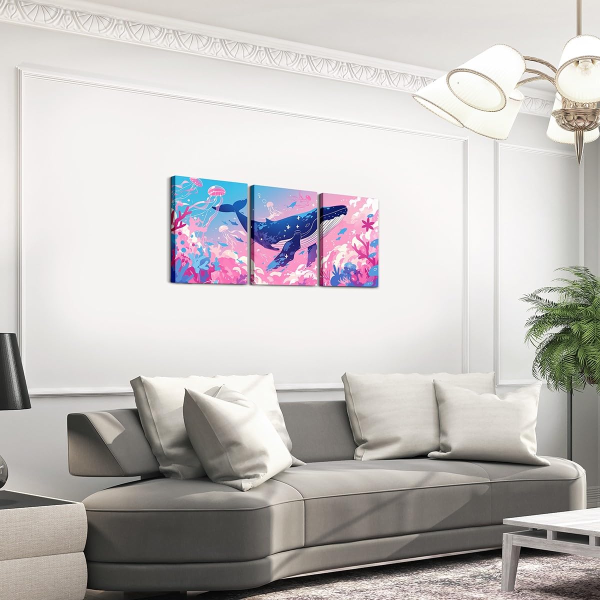 Feelyou Pretty Whale 3 Piece Canvas Wall Art for Living Room Bedroom Pink Blue Ocean Wall Art for Home Decor Jellyfish Office Wall Decor Dreamy Ocean Wall Painting