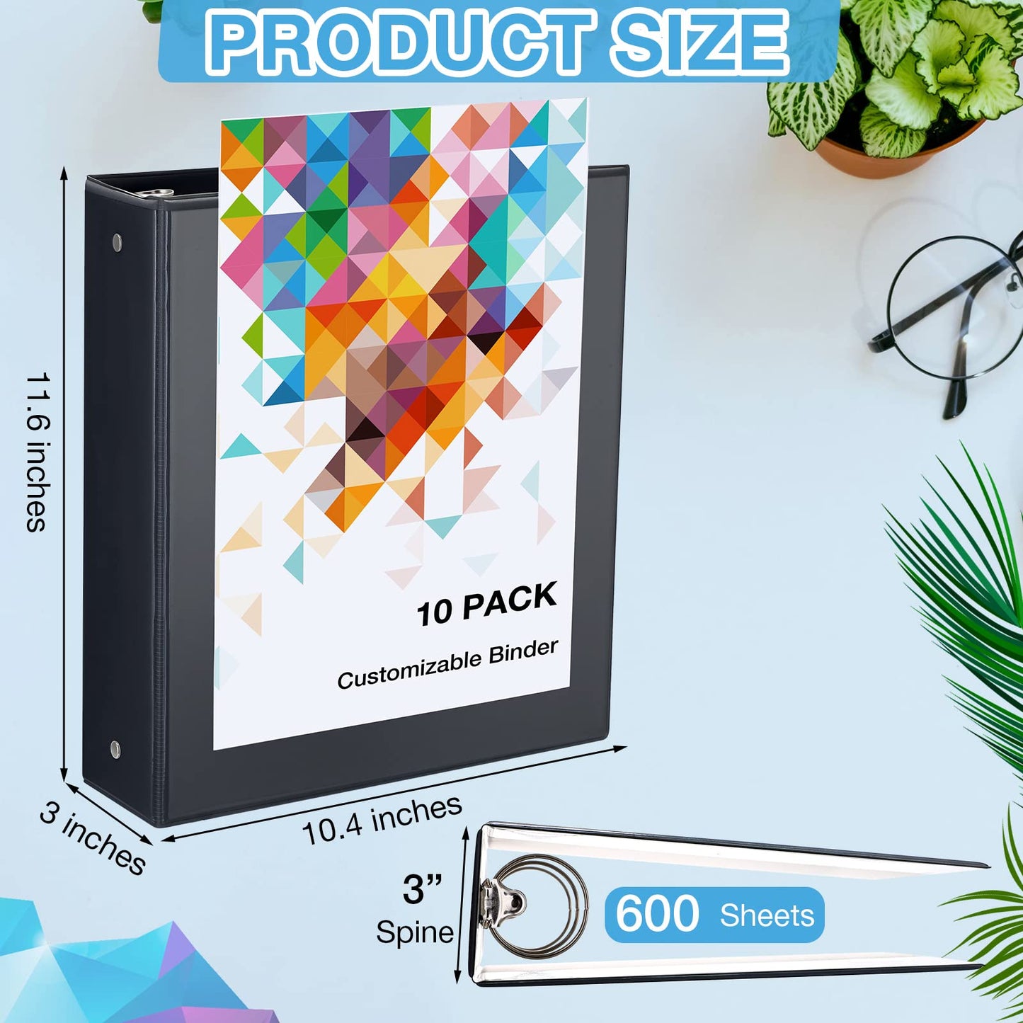 TaoBary 10 Pack 3 Inch 3 Ring Binders Bulk, Black Heavy Duty View Binders with Clear Pocket Round Ring, Presentation Folder Holds 600 Sheets for Home Office School Teacher Documents Supplies