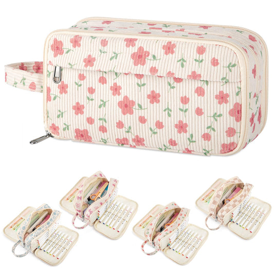 ARUICO Cute Corduroy Pencil Case Pouch with Convenient Handle,Extra Large 4 Compartments Multiple Pockets Markers Crayons Storage Organizer,Stylish Pen Case for Teen Girls College (Pink Flower)