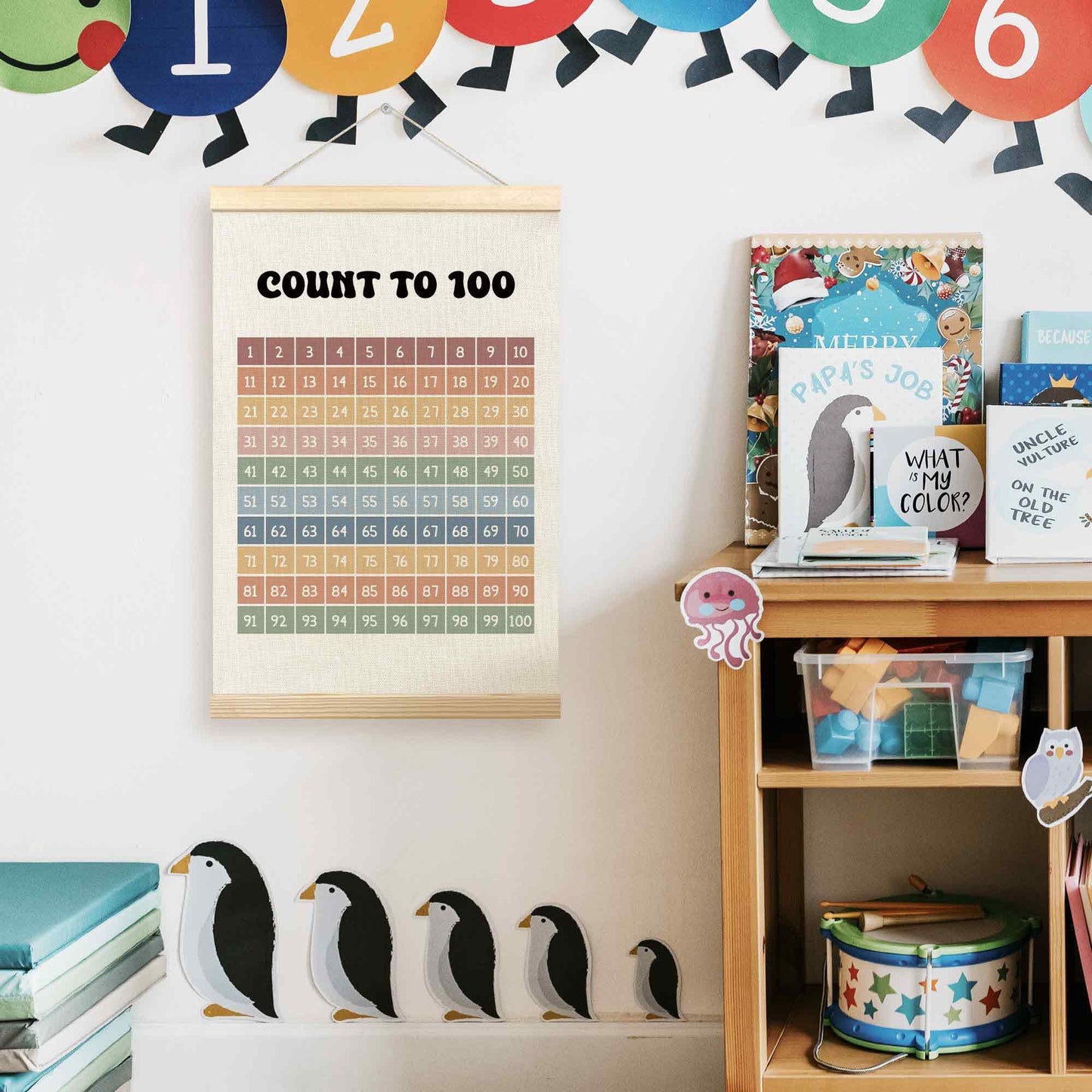 TLESKE Boho Classroom 1-100 Number Hundreds Chart Poster Hanger Frame, Homeschool Hanging Wall Art Decor for Toddlers Kids Room Nursery Playroom, Preschool Prek Learning Educational Poster, 16x24