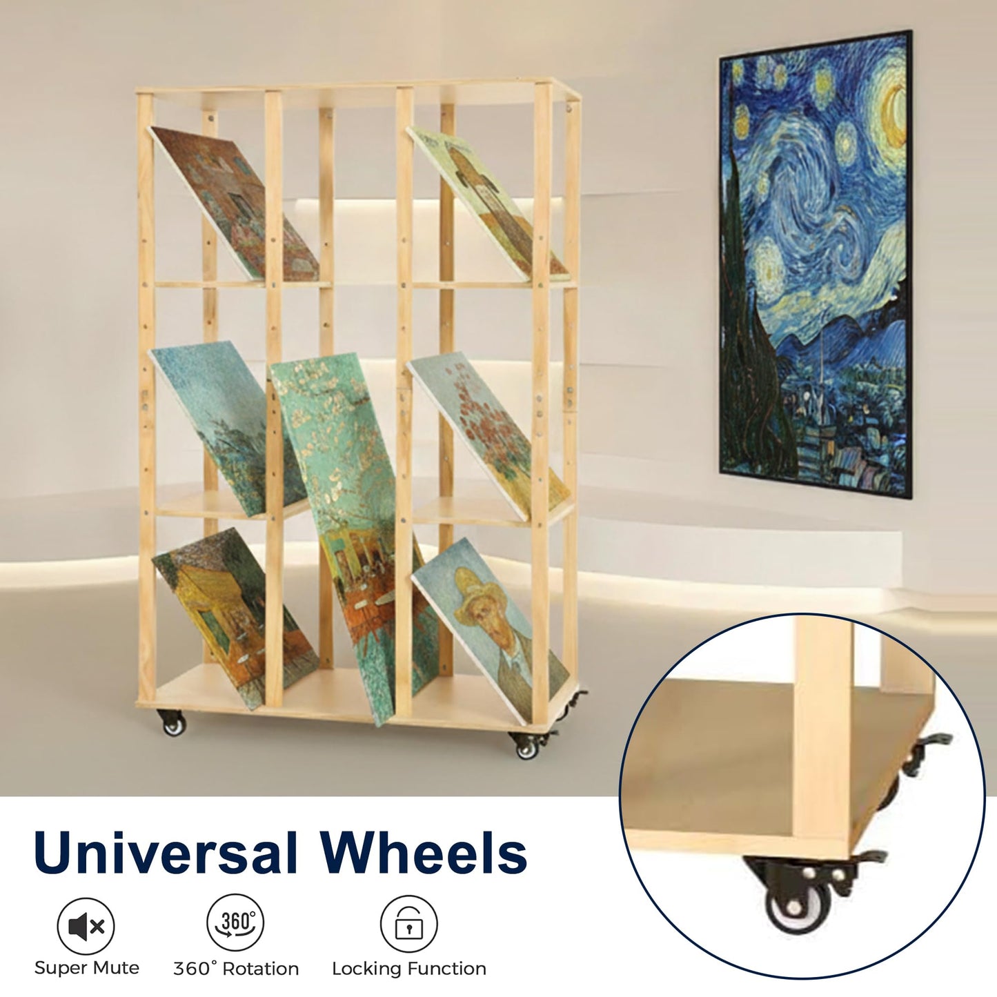 MOOFI Extra-Large Art Storage Rack with Wheels, Adjustable Display Wooden Drying Rack for Canvas, Panels, Prints and Artworks, Multi-Tier Art Organizer for Galleries, Classroom, Studios (Natural)