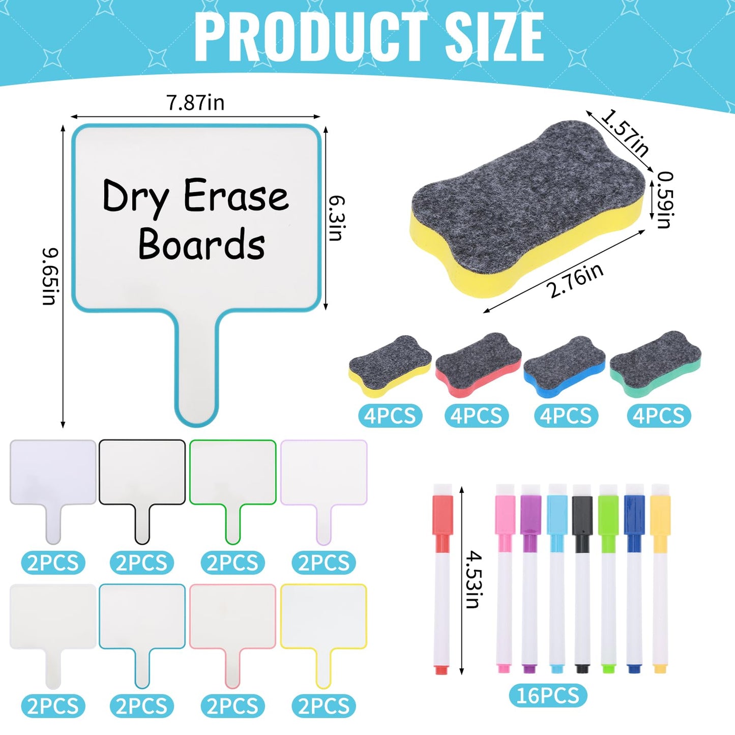 48-Piece Dry Erase Answer Paddle Set, Handheld Sign with Markers & Erasers, 10''X 8'' Double Sided Mini Whiteboard Paddles for Classroom, Home & Office Meetings