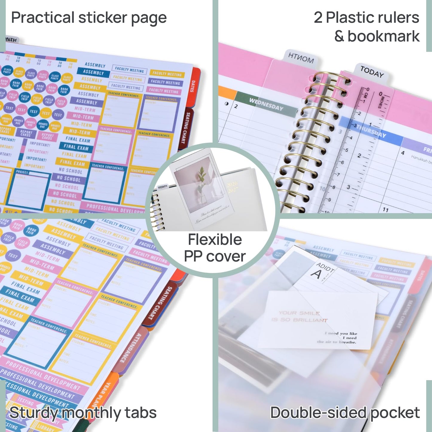POPRUN Teacher Planner 2026-2027, 8.5" x 11", Academic Lesson Plan Book for Teachers (July 26-June 27) Weekly and Monthly with Gradebook, 2-Sided Pocket, Flexible PP Cover for Classroom, Light Pink
