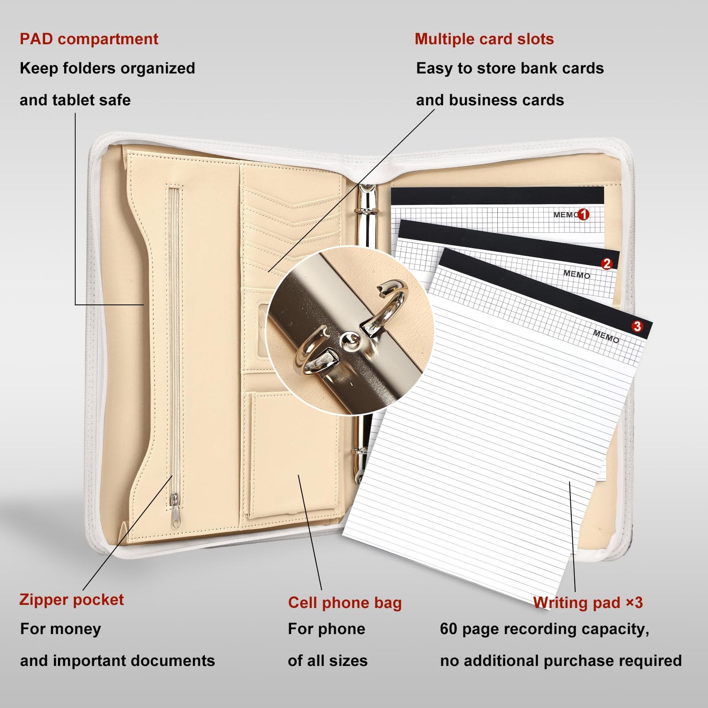 Leathario Portfolio Binder, Includes 5 Folder Index Dividers and 3 Notepads, 3-Ring Folder Organizer, Padfolio with Zipper, Vegan Leather Tablet Sleeve, Business Office Conference Clipboards