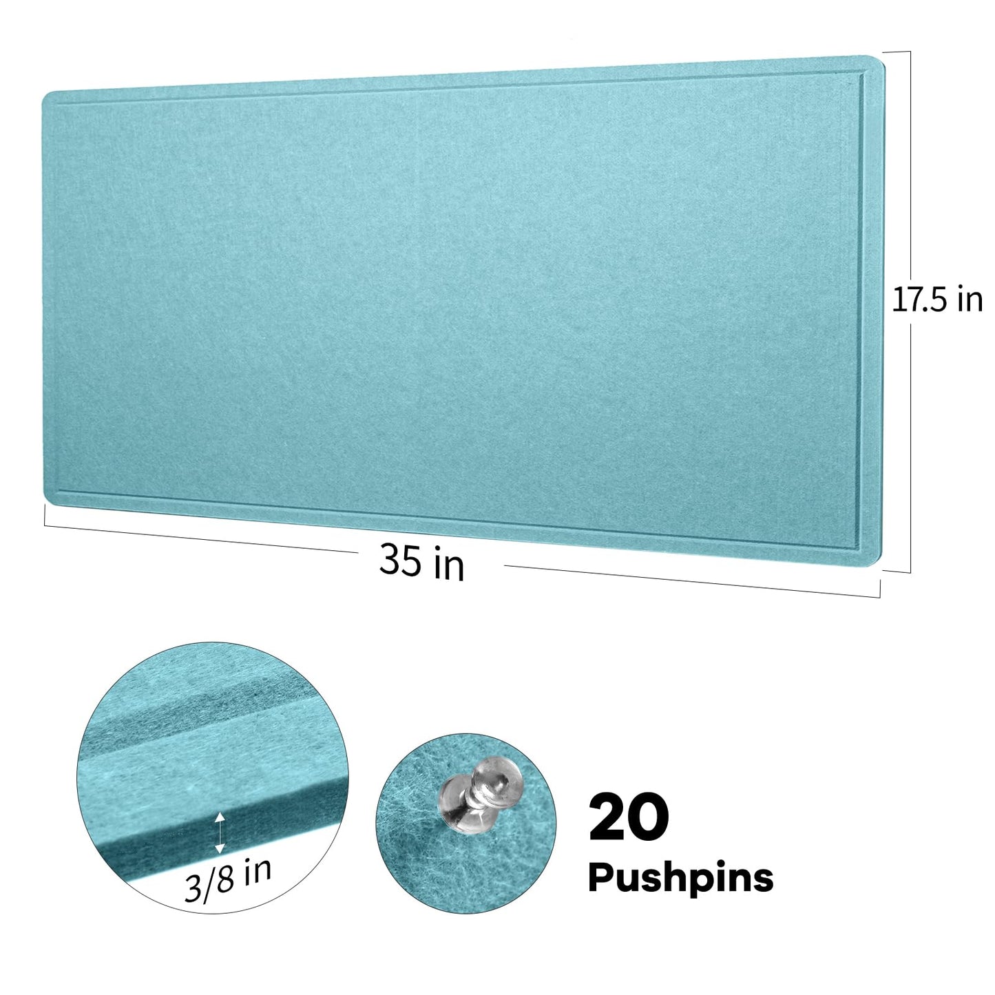 Lightomorrow Bulletin Board, 35 x 17 1/2 inches Felt Board - Decorative Pin Board, Cork Board Alternative for Wall, Foldable Self-Adhesive Vision Board Prayer Board with 20 Pushpins-Turqoise Blue