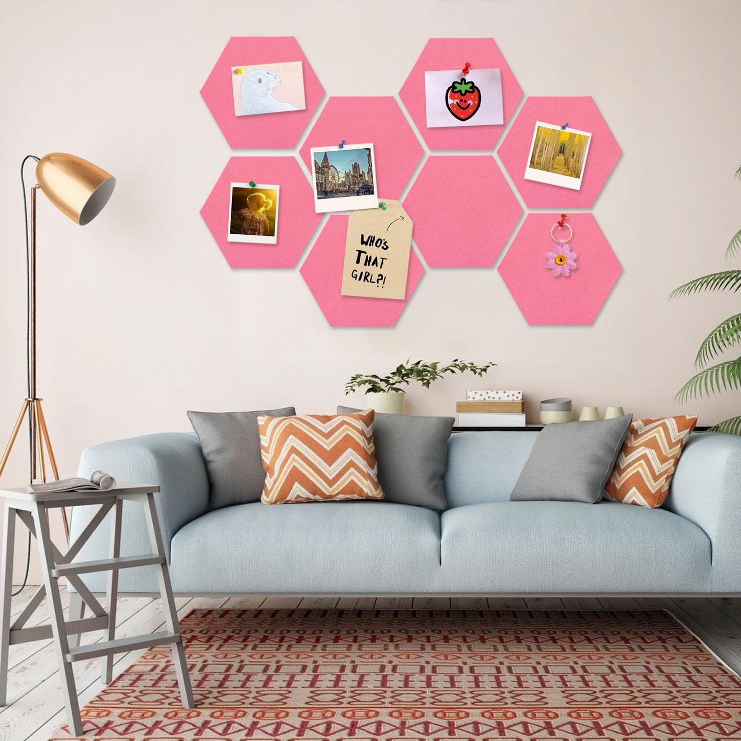 8 Packs Pink Hexagon Felt Pin Board, 12" Bulletin Board with 30 Push Pins, Felt Board for Home Kitchen Office Decor, Self-Adhesive Corkboard Tiles for Walls Classroom Message Photos Memos Display