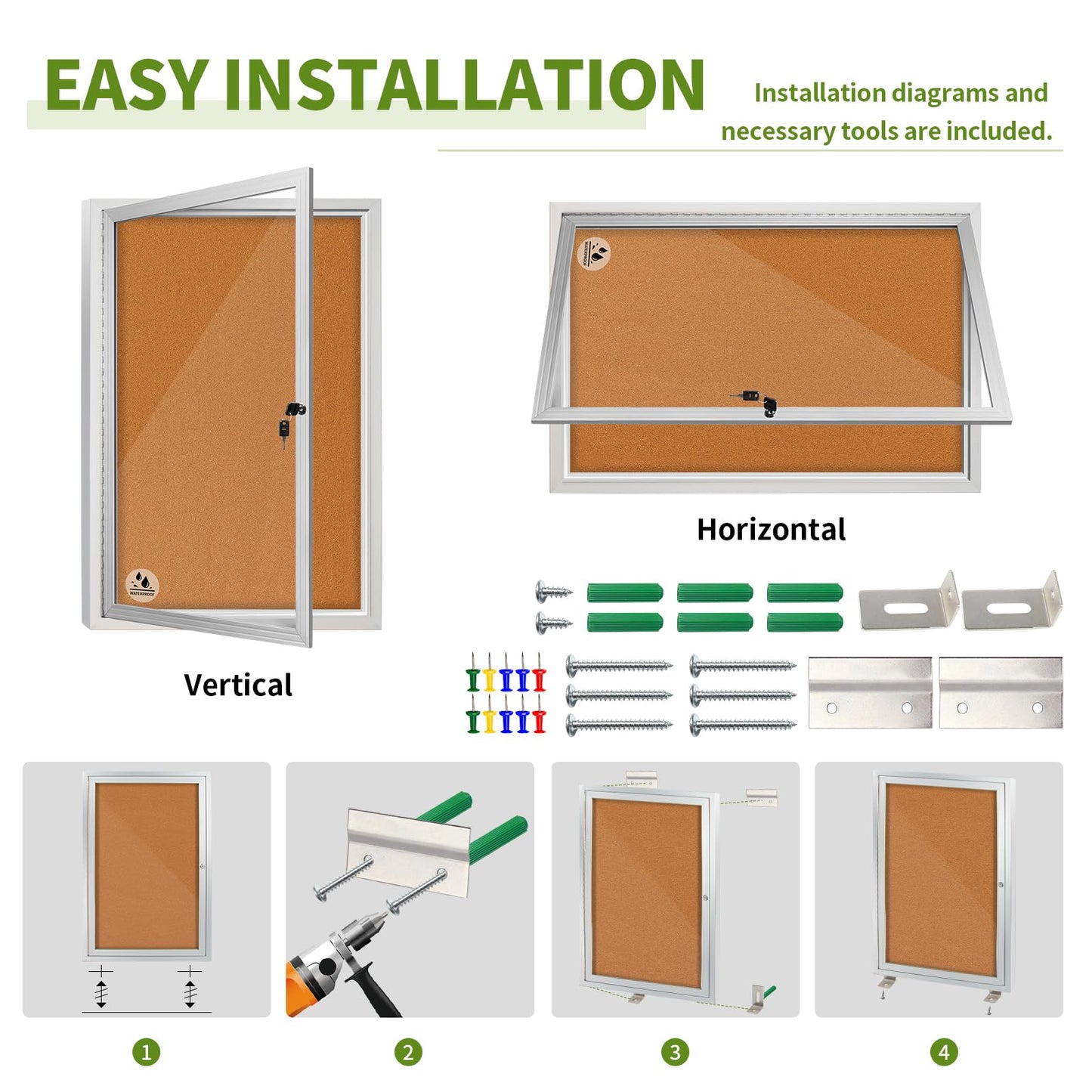 Lockable Outdoor Enclosed Bulletin Board, Weatherproof Cork Noticeboard with Locking Door, Wall-Mounted Aluminum Framed Display Case for Messages,36x24in (5xA4)
