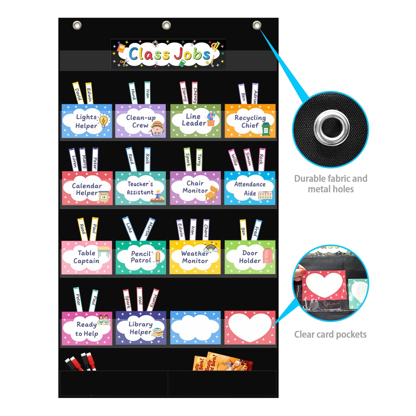 REGELETO Class Jobs Pocket Chart with 17 Pockets and 2 Storage Bags,Class Management Educational Pocket Chart Teacher's Helper Size: 32.6" L x 19.6 H inch Bulletin Board for Classroom (Black)