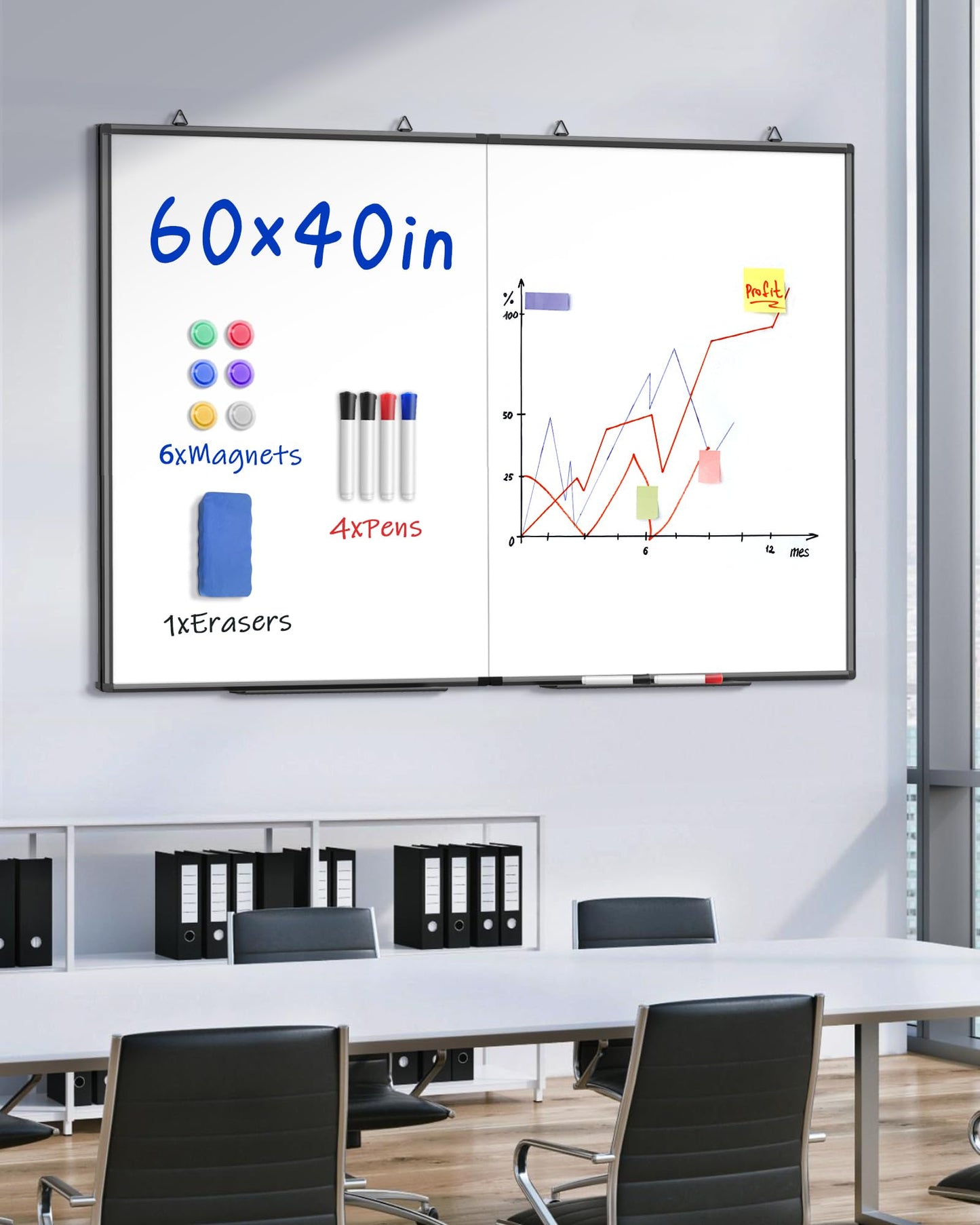 60"X 40" Large Magnetic Dry Erase Whiteboard, Wall Hanging Board with 8 Pens & 4 Dry Erasers & 30 Magnets, Sliver Aluminum Frame Black