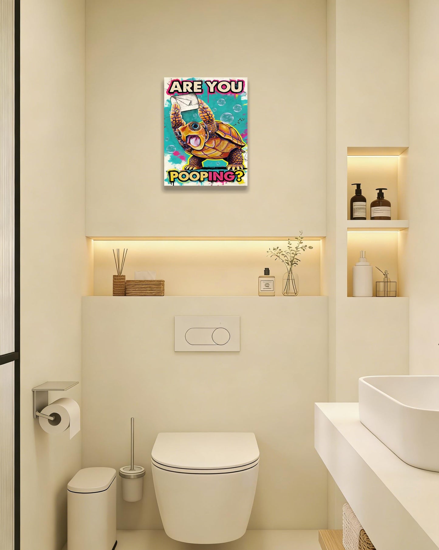 Funny Turtle Bathroom Wall Art Painting, Are You Pooping? Graffiti Humor Canvas Print, Teal Pop Art Bathroom Poster Decor, 12x16 Inch Framed Wall Picture for Bathroom Restroom Toilet Washroom