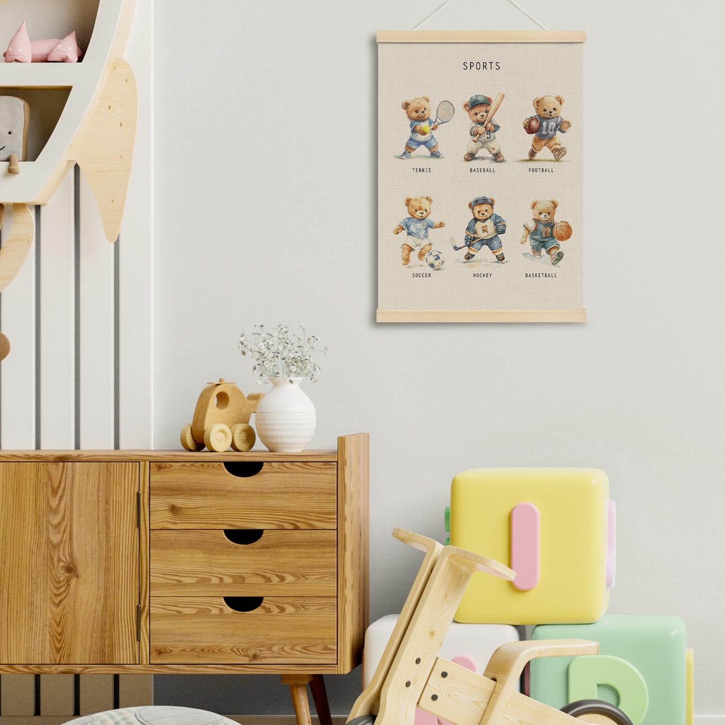 MOTERMATE Bear Sports Poster Hanger Frame, Bear Nursery Wall Hanging Decor Art Framed for Toddlers Kids Boys Room Nursery Playroom, Sports Kids Wall Poster Prints, 12x16 Inch