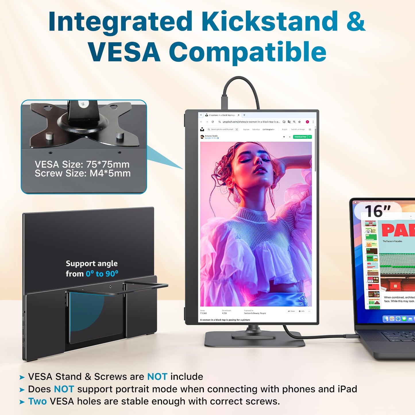 kksmart Portable Monitor for Laptop MacBook Surface PC Xbox PS5, Travel Monitor Second Screen for Laptop, HDMI USB-C VESA Compatible Built-in Speaker, 15.6inch
