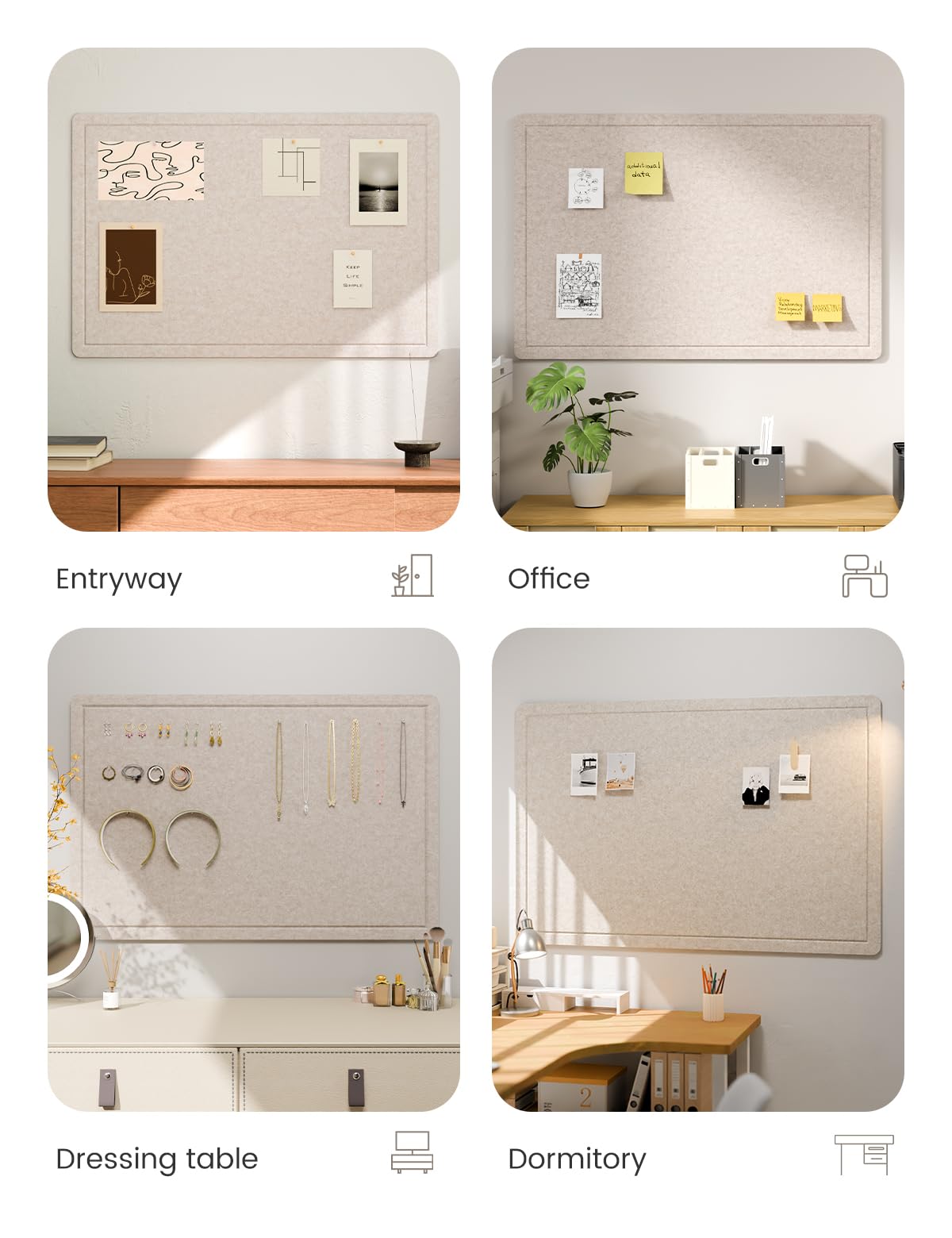 Fluxynara Bulletin Board,35.4" x 23.6" Cork Board Alternative with 12 Safe Removable Adhesive Tabs, Foldable Felt Pin Board for Home Office, Classroom, Bedroom,Entryway for Walls—Oatmeal