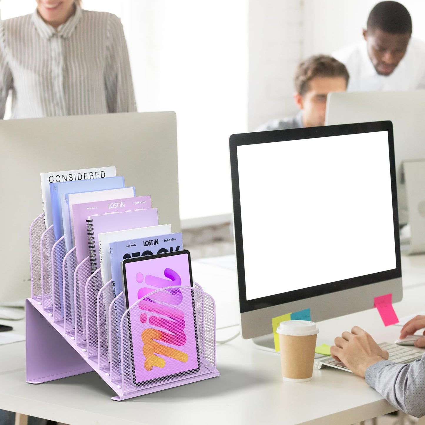 Inclined Desk File Organizer Metal Desk Magazine Folder Holder with 8-Section Vertical Compartments Rack File Organizer for Office, Home, School, Purple