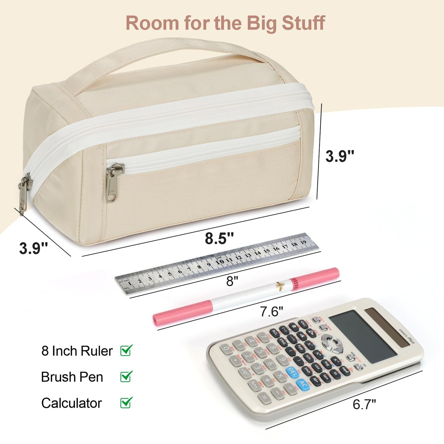 BrainyBees Large Pencil Pouch for Teen Girls, 8 Compartments, Cream White