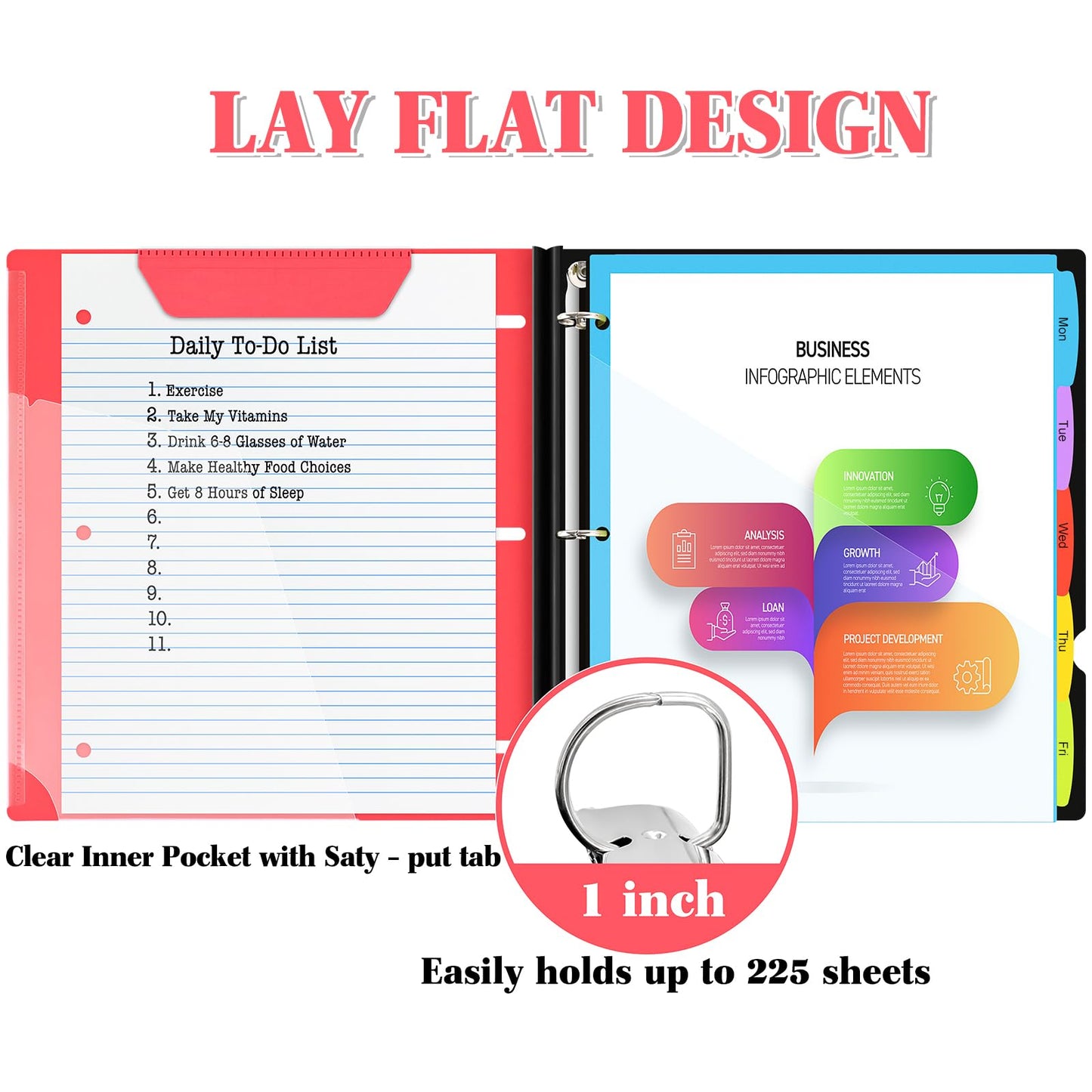 INFUN Telescoping Project Organizer Binder,13 Pocket, Customizable Front Cover, 5 Colors Pocket Divider and Plastic Binder Pocket，225 Sheet Capacity-Red