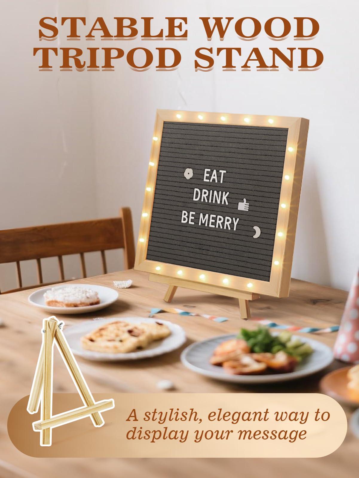 Changeable Felt Letter Board with LED Lights - 10×10" Message Custom Signs & Wood Stand & 450 Letters, Poster Board for Baby/Pregnancy Announcement/Classroom Wall Decor Gifts First Day of School, Grey