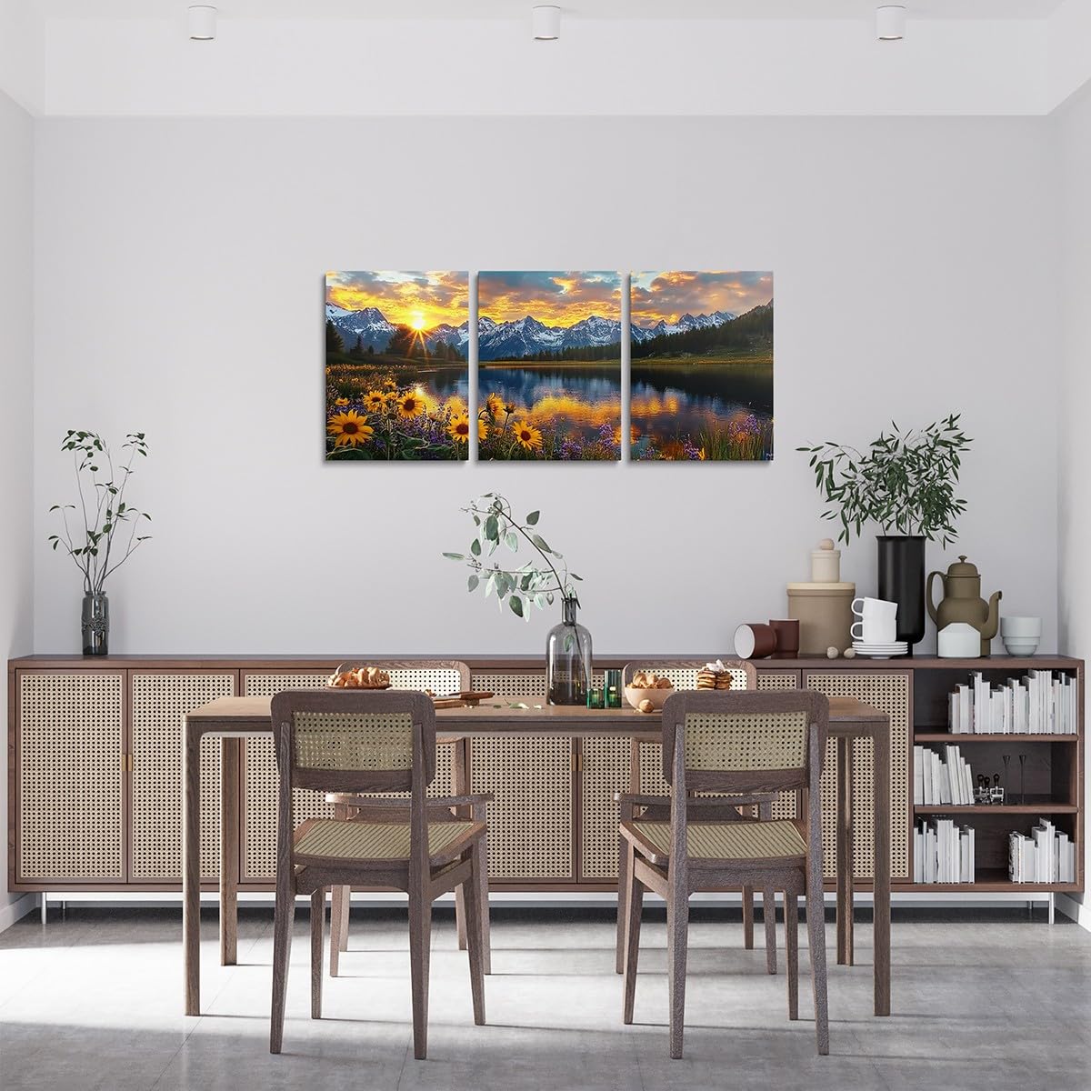 jejeloiu Mountain Lake Canvas Wall Art for Living Room Bedroom 12"x16"x3pcs Sunflower Floral Picture Wall Decor for Bathroom Natural Scenery Office Decorations Artwork Posters Sunrise Painting
