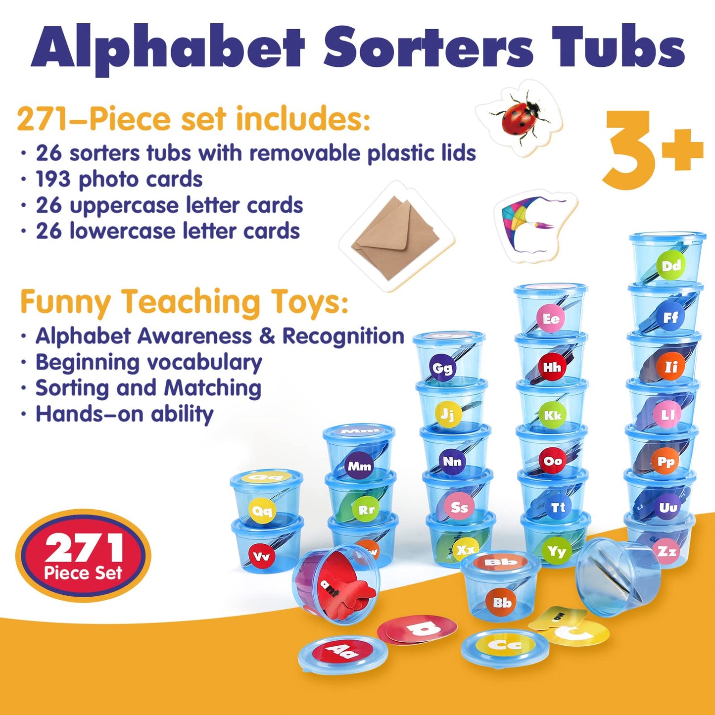 Joyreal 271 PCS Alphabet Learning Toys for Toddlers 3-5, 26 Alphabet Soup Sorters with 245 Flash Cards, Montessori Preschool Classroom Must Haves, Early Letter Sounds Recognition Activities