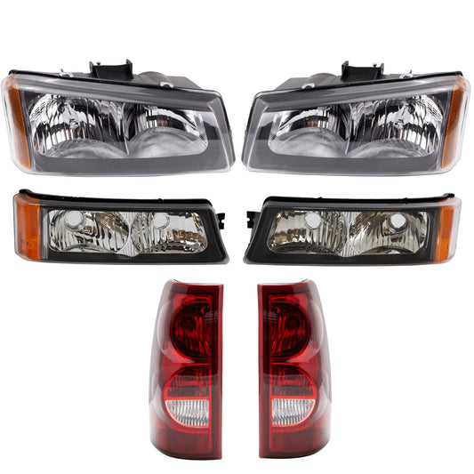 TRQ Headlight Tail Light Assembly Set for 2003 Chevrolet Silverado 1500/2500, Model LKA55978, Black
