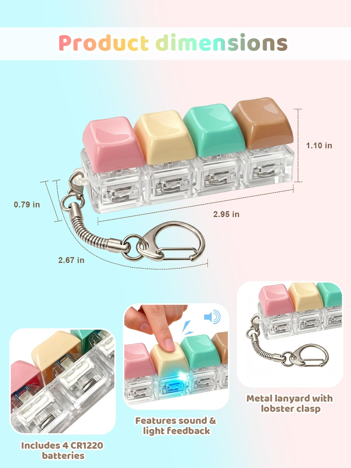 10PCS Light Up Keyboard Fidget Toy, 4-Key LED Keyboard Fidget Clicker Keychain with RGB Lights, Portable Mechanical-Style Sensory Desk Toy for Adults and Teens