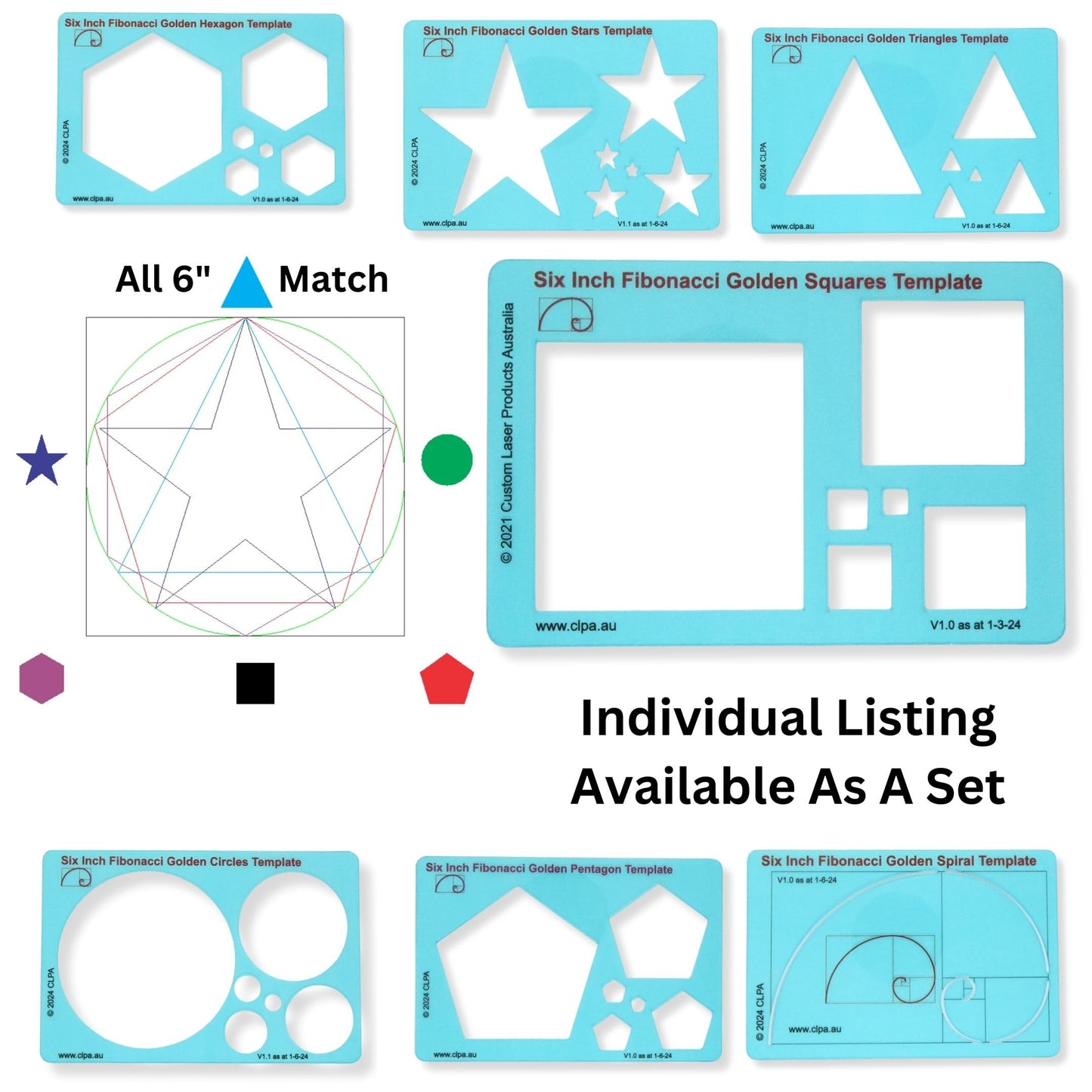 CLPA 6" Square Stencil Template — Golden Ratio Tool for Drawing | Fibonacci Template | Geometric Stencil for Art, Drafting and Quilting | Clear PETG | Made in Australia