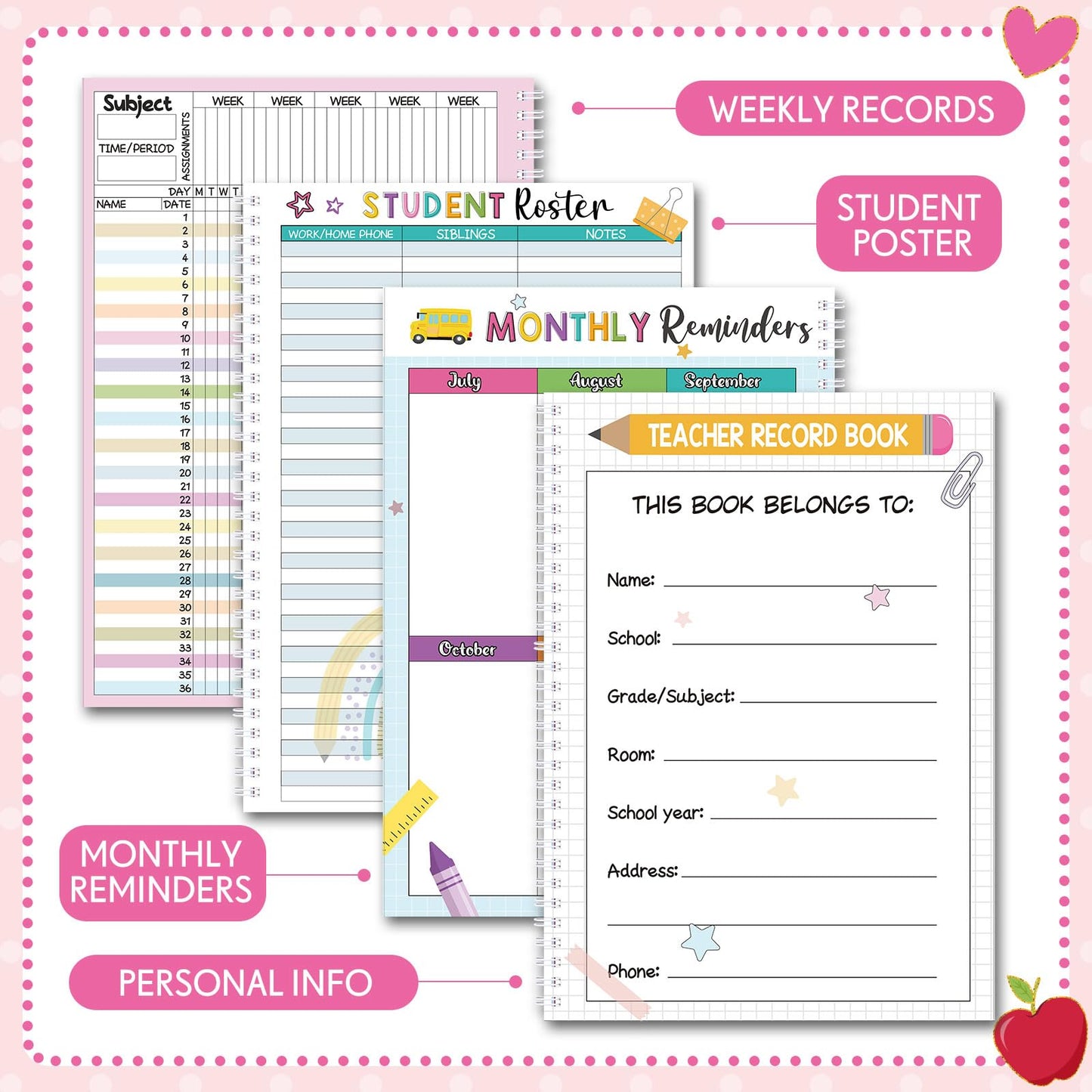 Fuyoooo Teacher Record Book Teacher Grade Books 2026-2027 Spiral Bound Record Planner 2026 Class Grade Book Office Favors for Classroom Attendance Decoration Double Sided(Pastel)