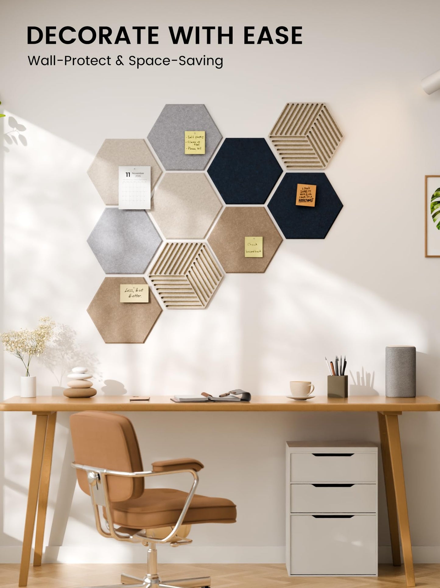 Fluxynara Hexagon Cork Board Alternative for Walls Decor-10-Pack Felt Bulletin Board Tiles,with 30 Pushpins,50 Adhesive Tabs for Office,Classrooms & Home Pin Board Felt Board-Nordic Slate